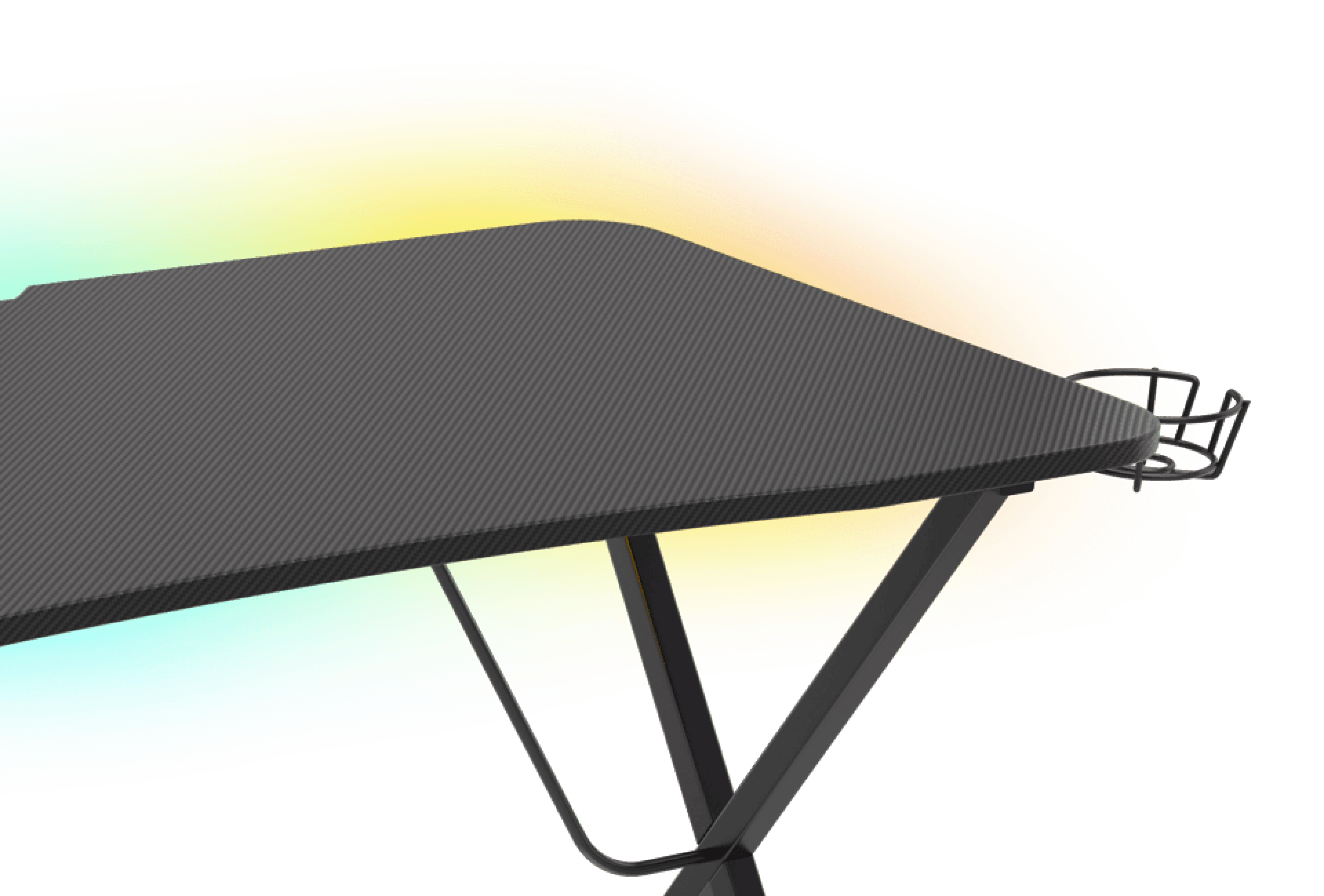 Black gaming desk with a textured surface and RGB lighting effects, featuring a side cup holder