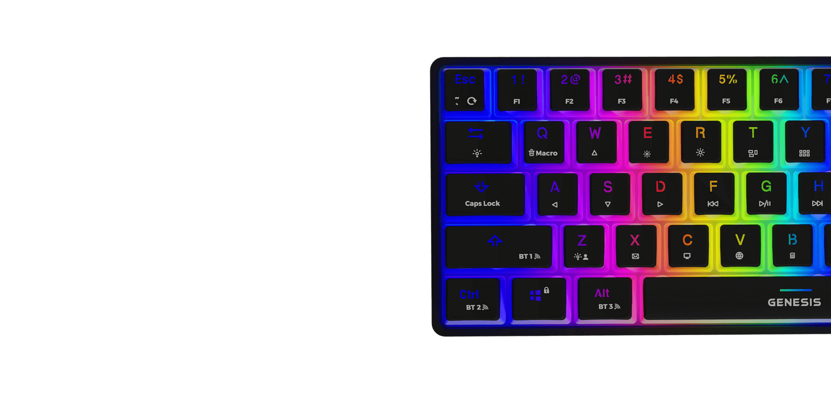 Colorful keyboard with various keys illuminated in bright rainbow colors.