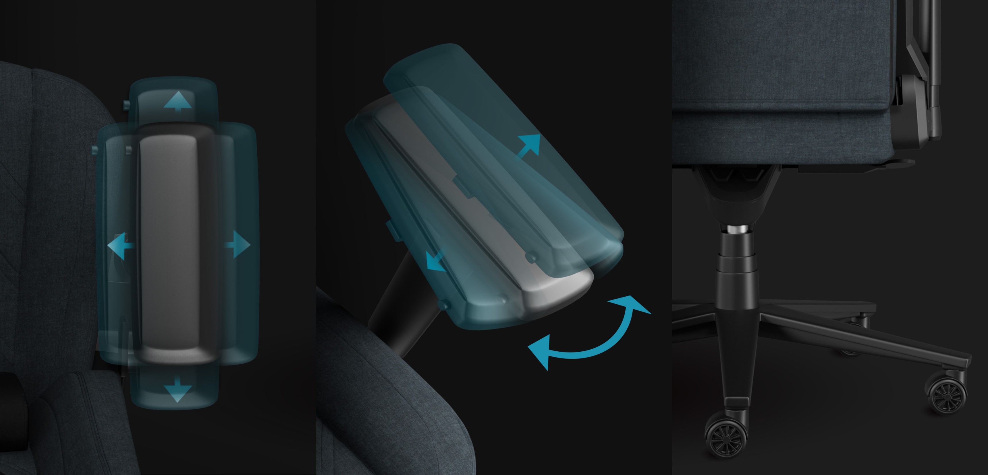 Adjustable features of the Genesis Nitro 800 gaming chair in gray, including armrest movement and swivel base design