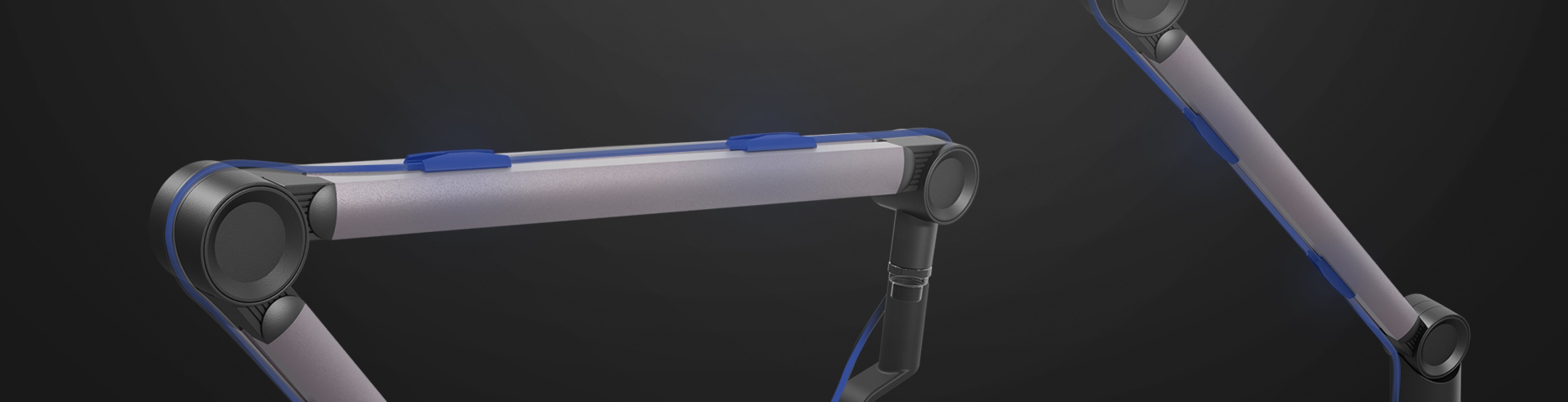Microphone arm with adjustable joints, featuring a sleek design in black and blue accents for optimal positioning