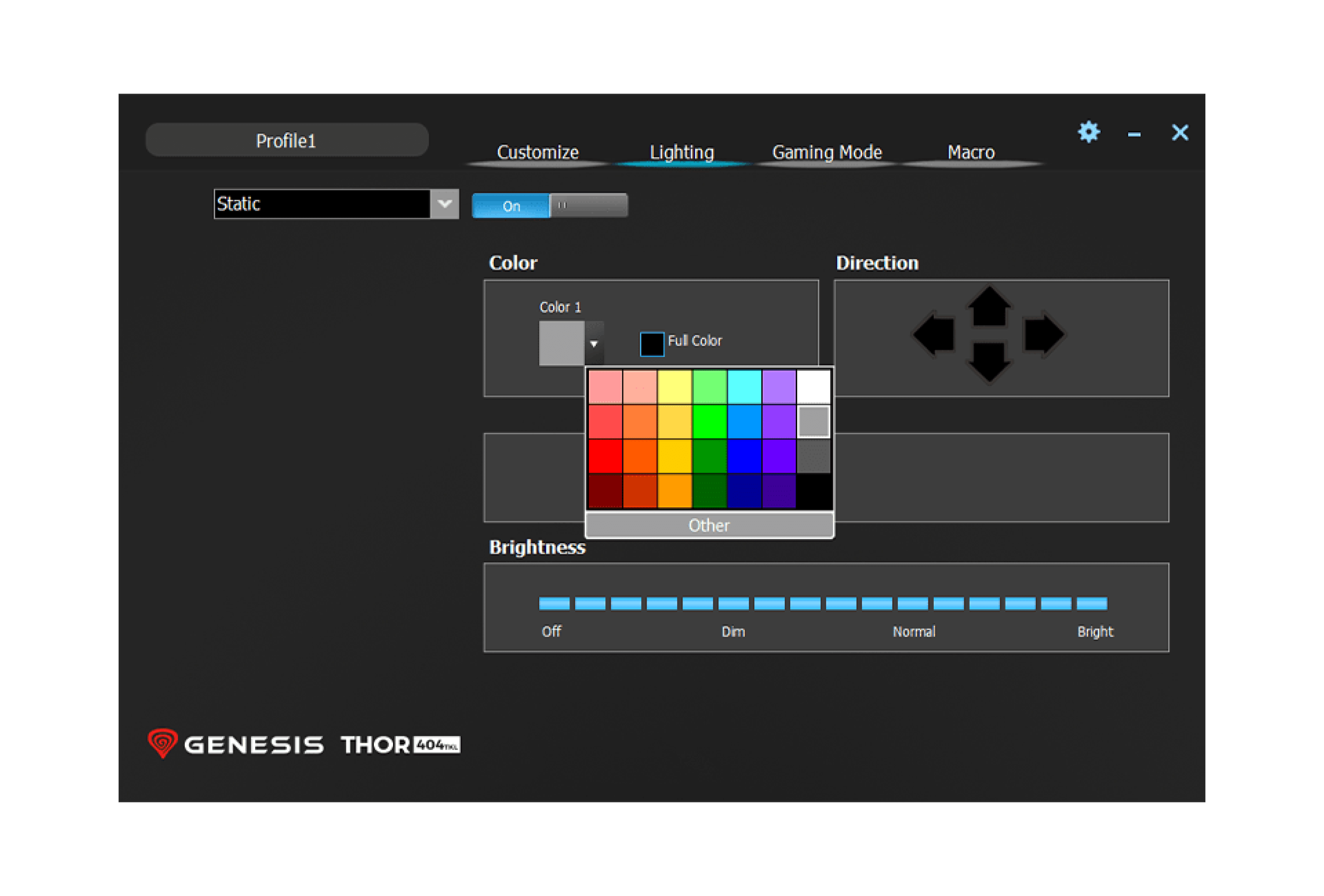 Configuration interface for the Genesis Thor 404 TKL keyboard, displaying RGB lighting options, color selection, and brightness settings