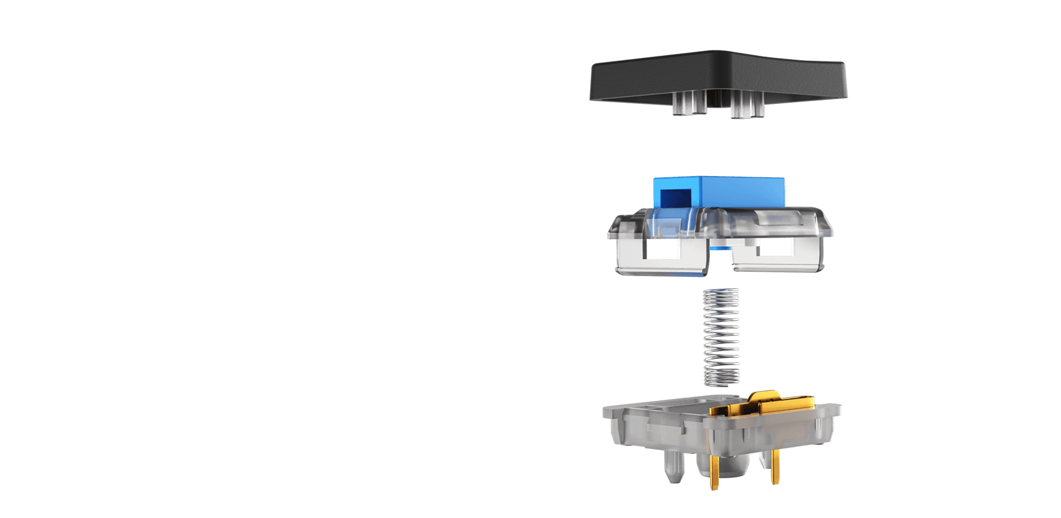 Exploded view of a blue mechanical switch, showing components like the keycap, housing, spring, and base