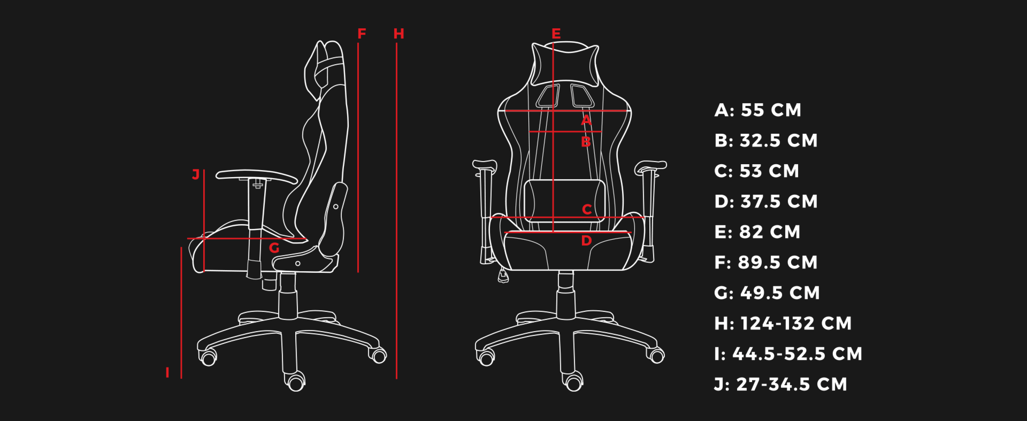Stylish ergonomic chair with detailed dimensions in a technical drawing style.