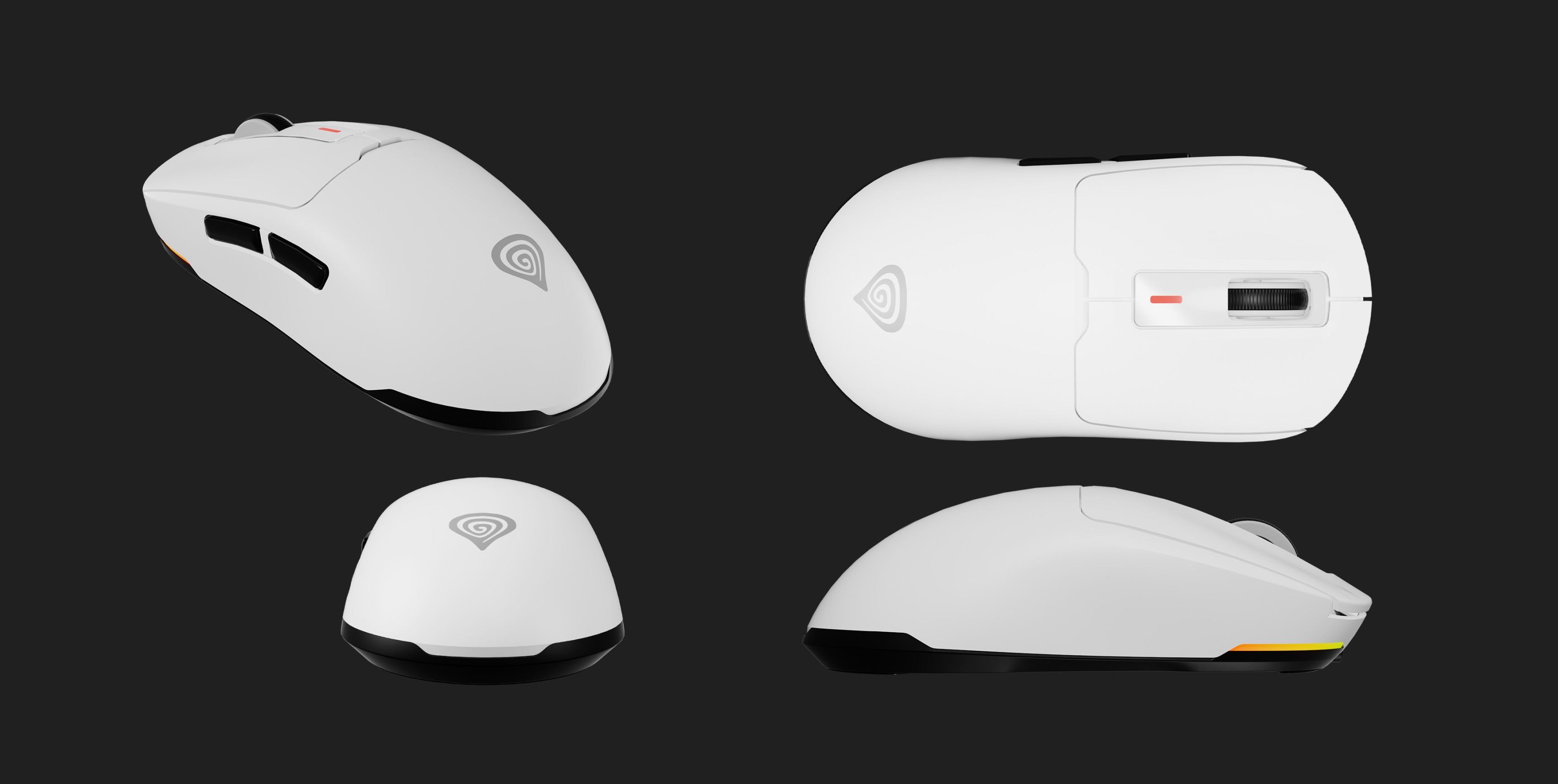 Wireless gaming mouse Genesis Zircon 660, white, featuring 12000 DPI and ergonomic design, displayed from multiple angles