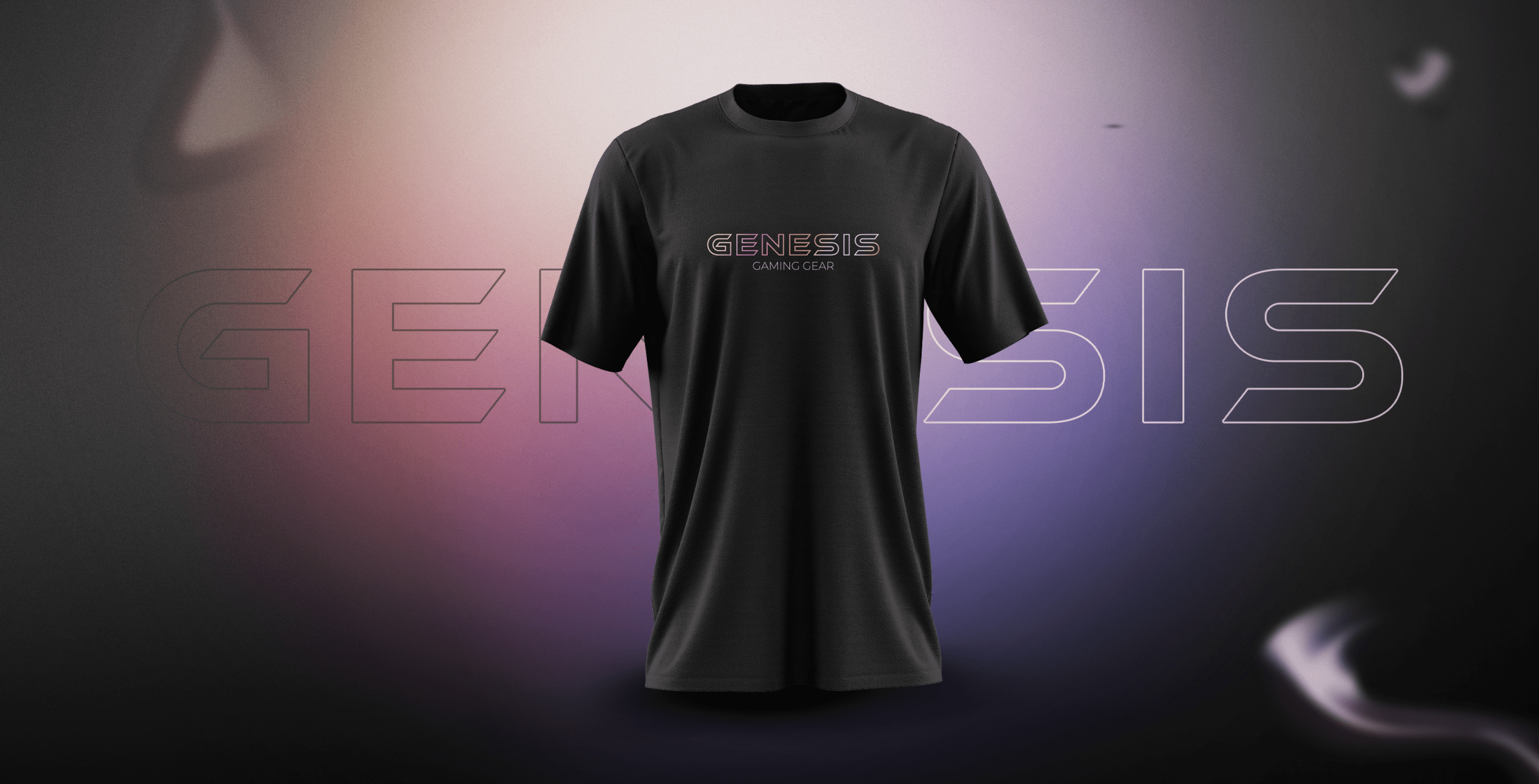 Black t-shirt featuring a colorful "GENESIS" design on the front, set against a soft gradient background