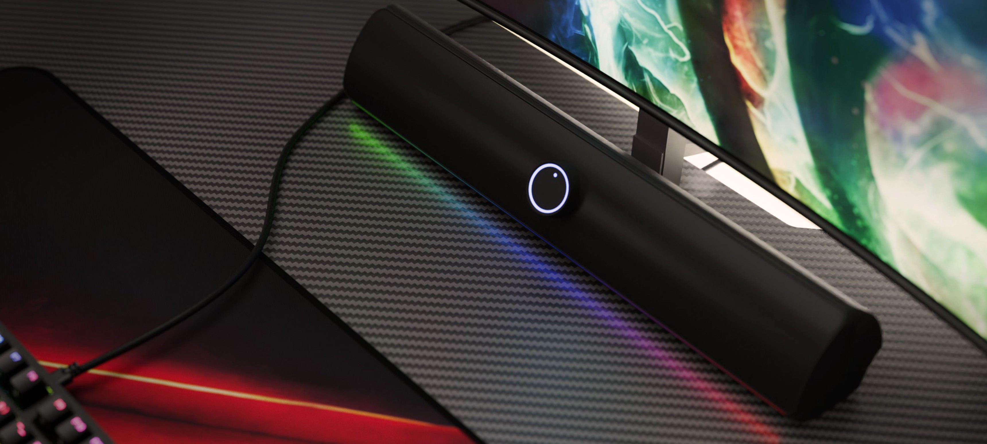 Bluetooth soundbar with a sleek black design, featuring an illuminated control button and colorful LED accents
