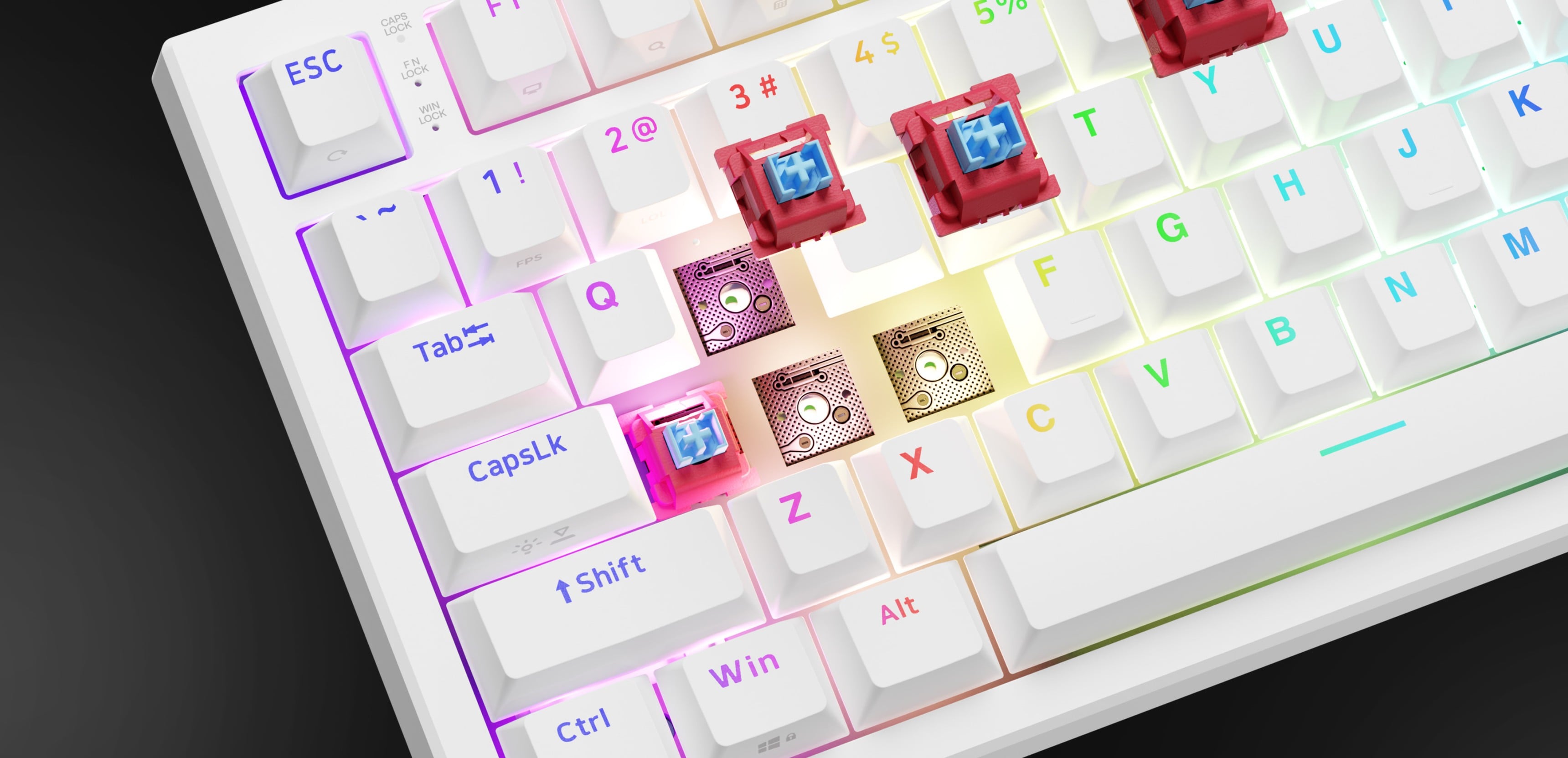 A white keyboard with colorful lighting and several removed key switches displayed.
