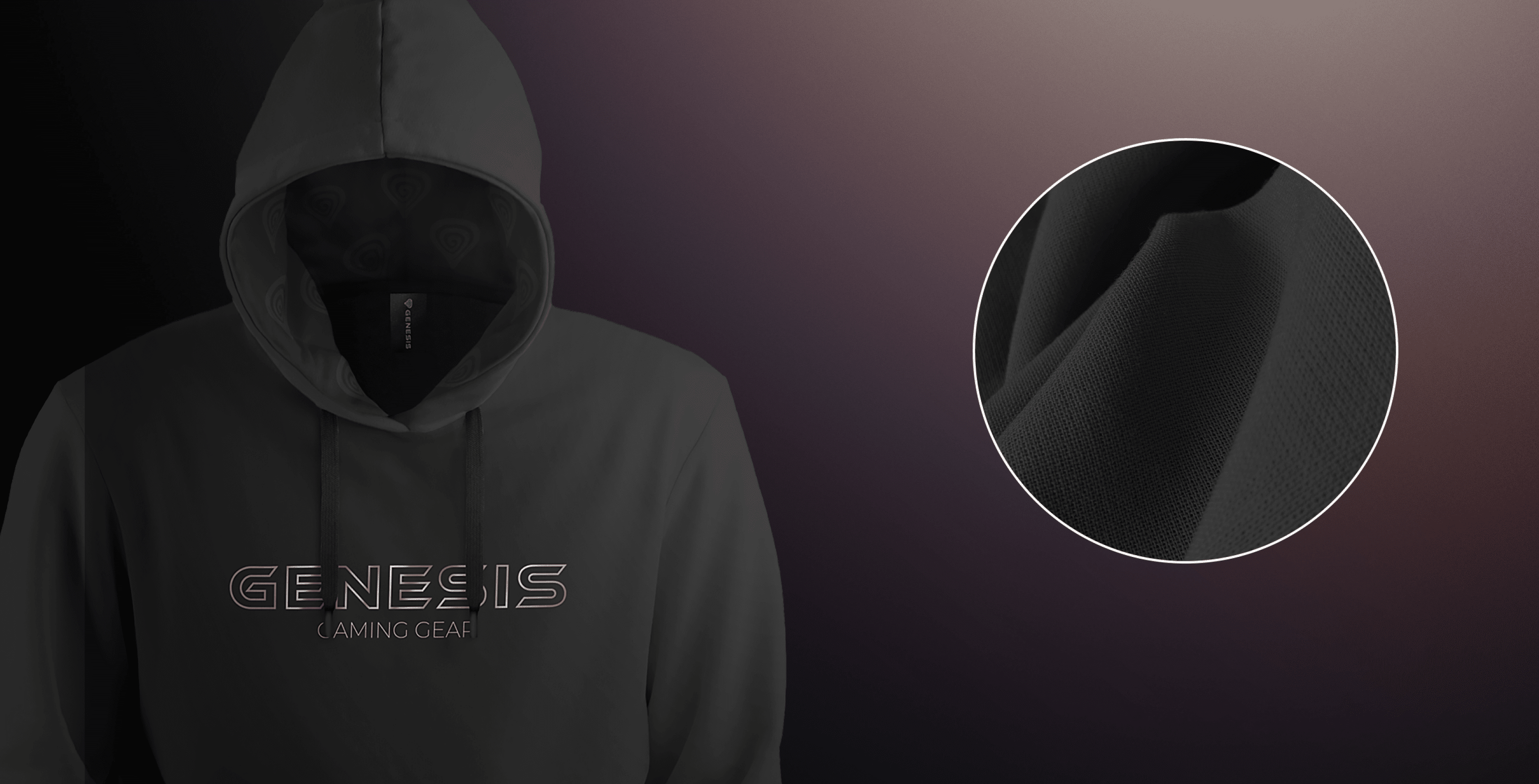 Hooded sweatshirt featuring "GENESIS GAMING GEAR" logo, showcased in dark gray fabric with a close-up detail of the material