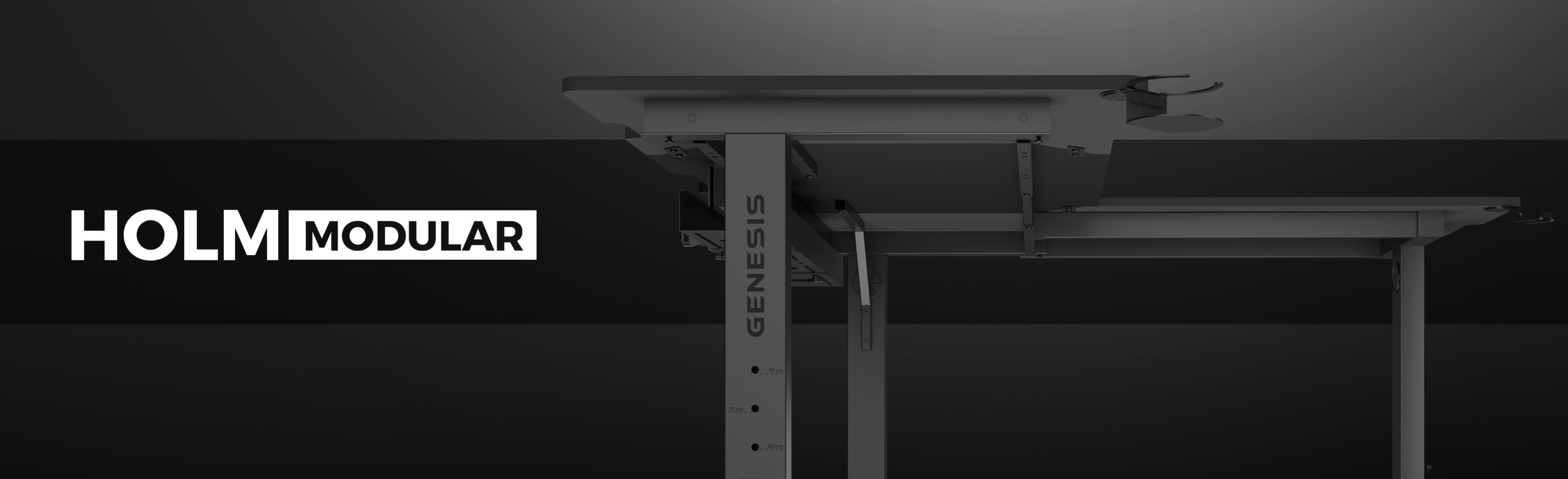 Corner gaming desk set, Genesis Holm Modular 160, showcasing a sleek design with adjustable features and modern aesthetics