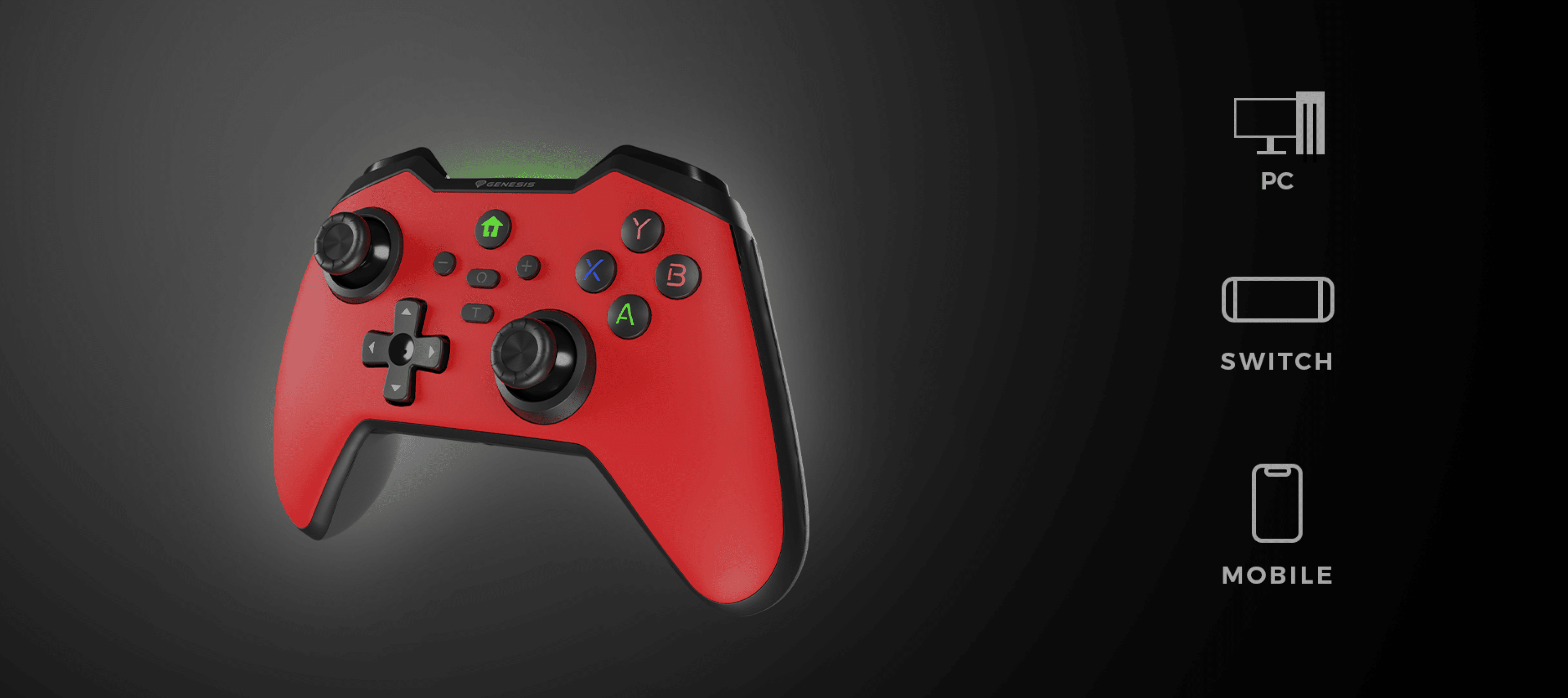Wireless black gamepad compatible with PC, Switch, and mobile devices, featuring multiple buttons and joystick controls