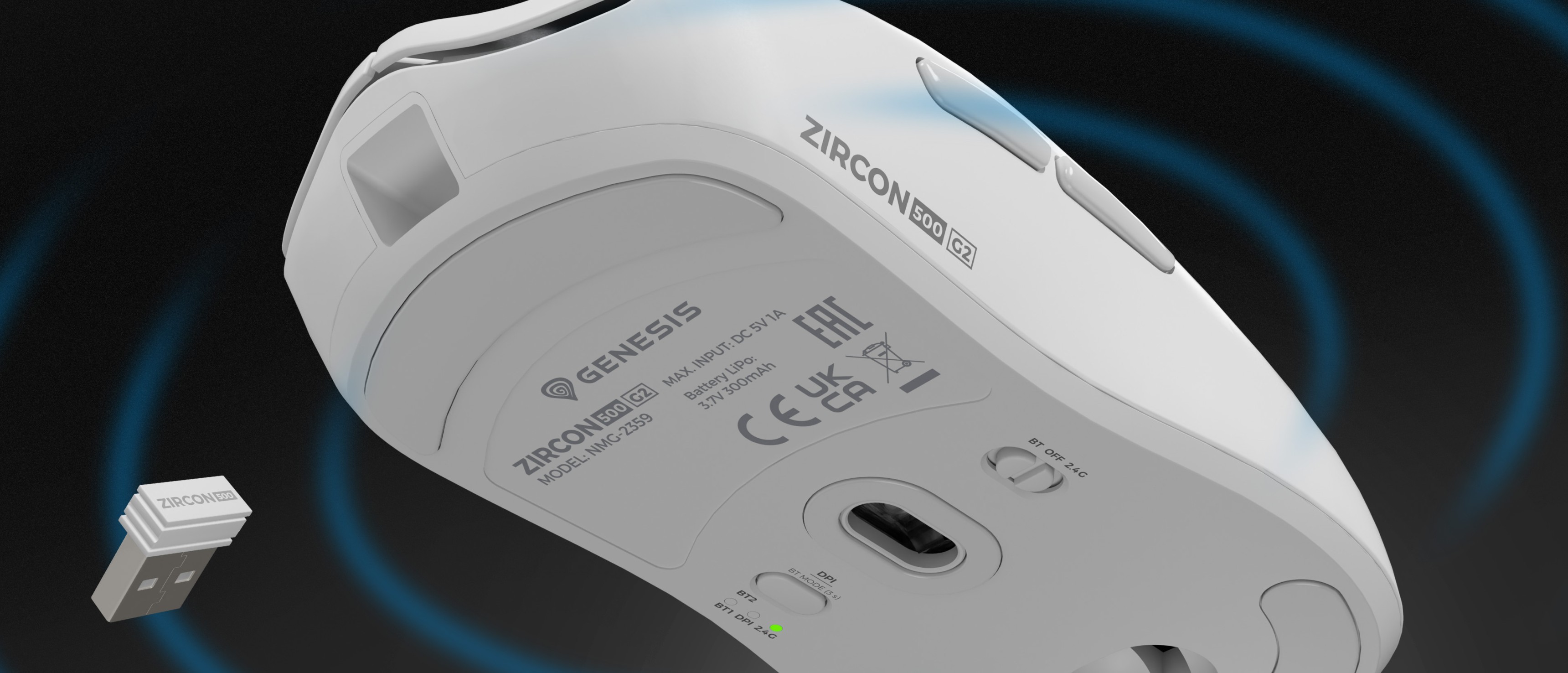 Wireless mouse with connection port and a small wireless adapter beside it.
