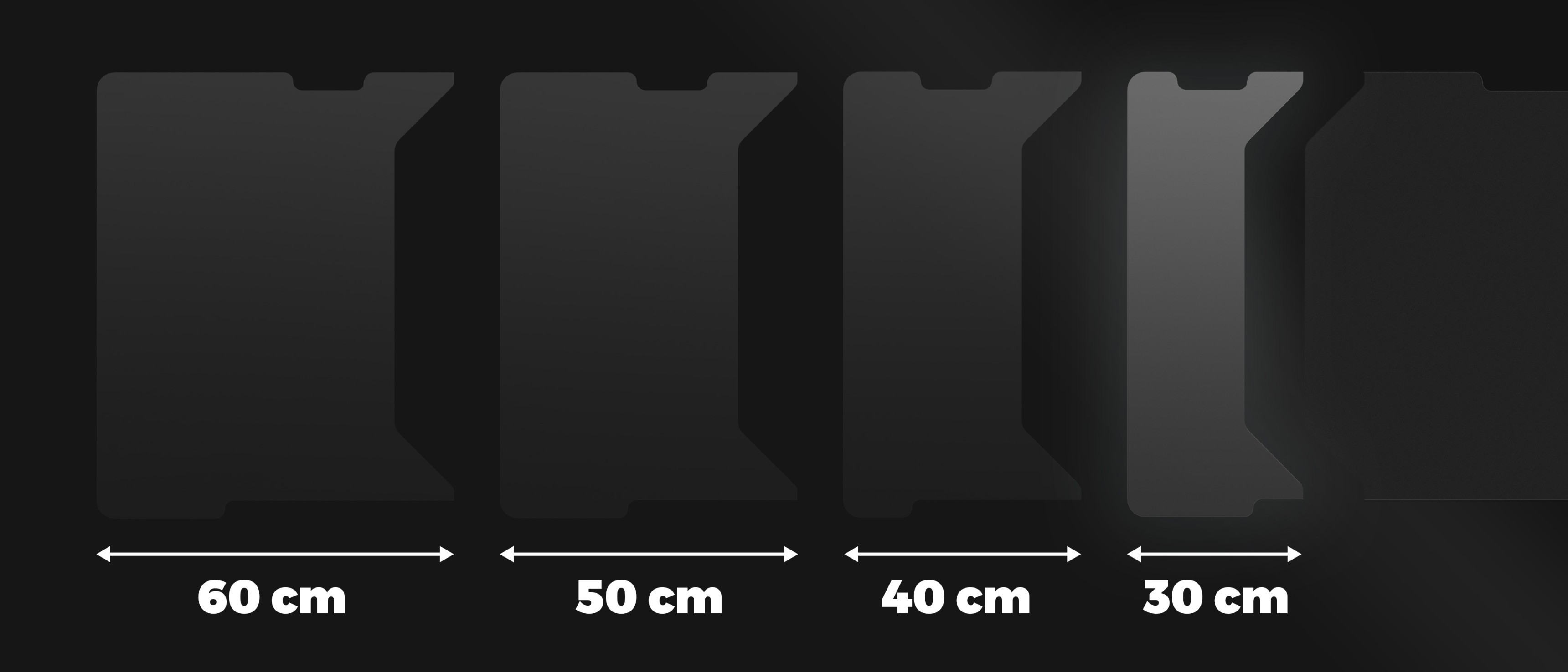 Side panel for the Genesis Holm modular desk, measuring 30 cm in length, displayed alongside other sizes