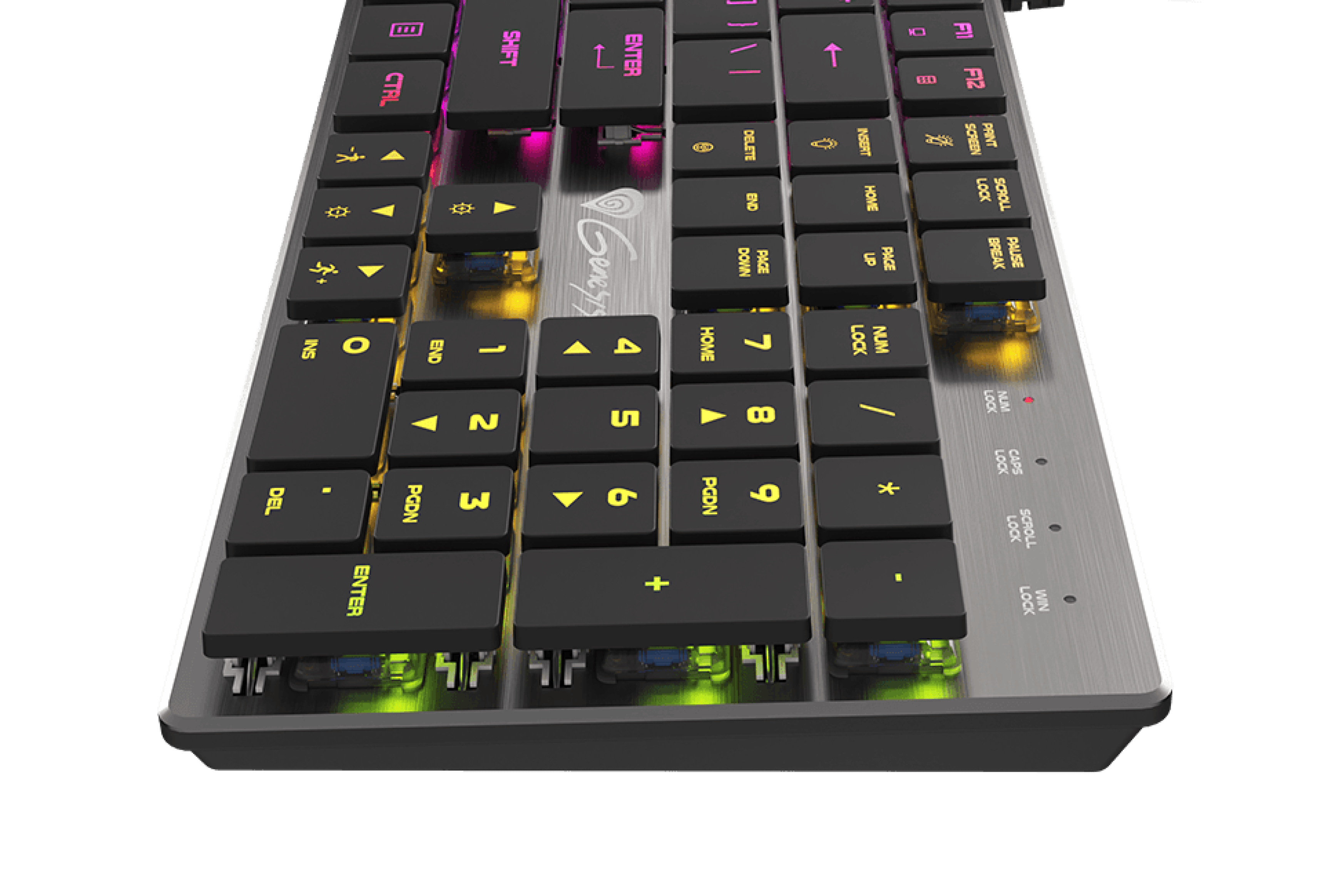 Slim RGB gaming keyboard with mechanical blue switches, featuring illuminated keys and a sleek design