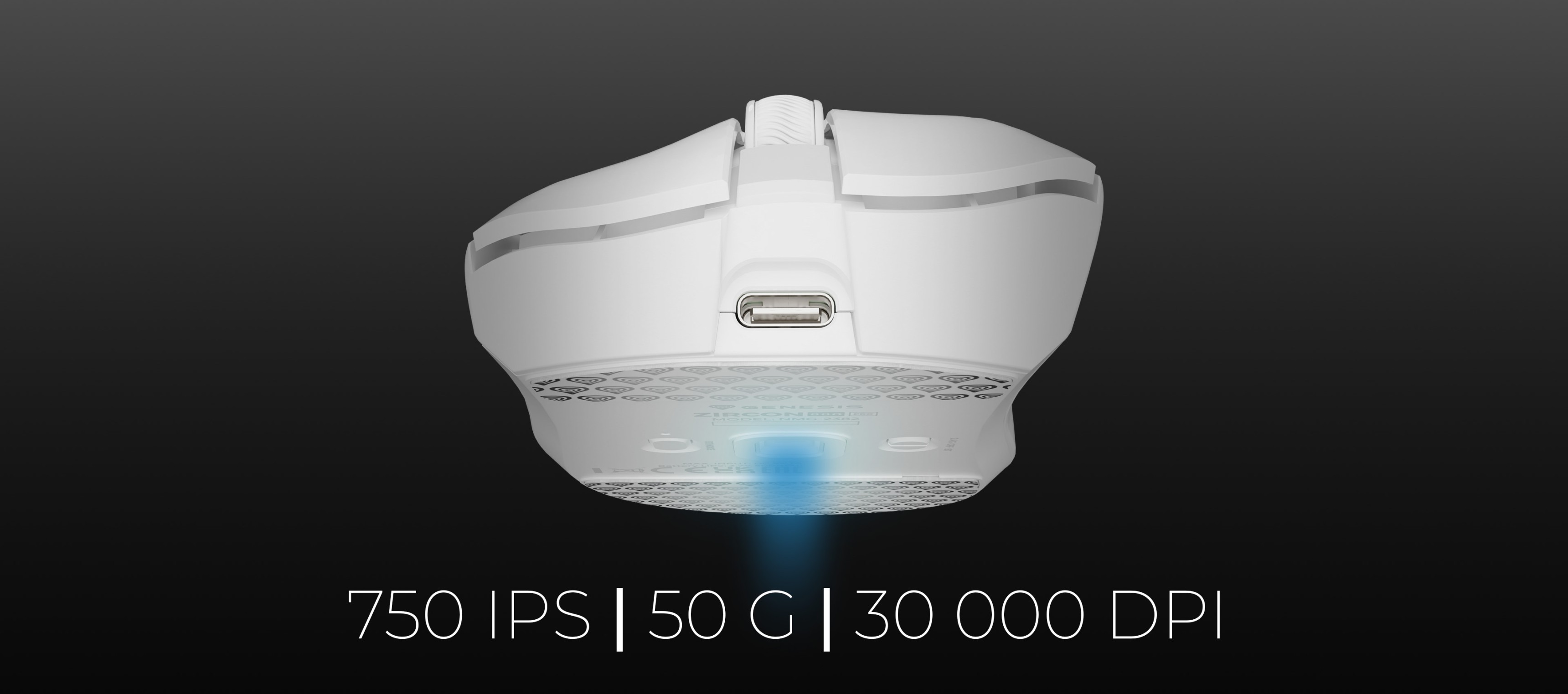 Mouse with a connection area and a glowing light on the bottom surface.