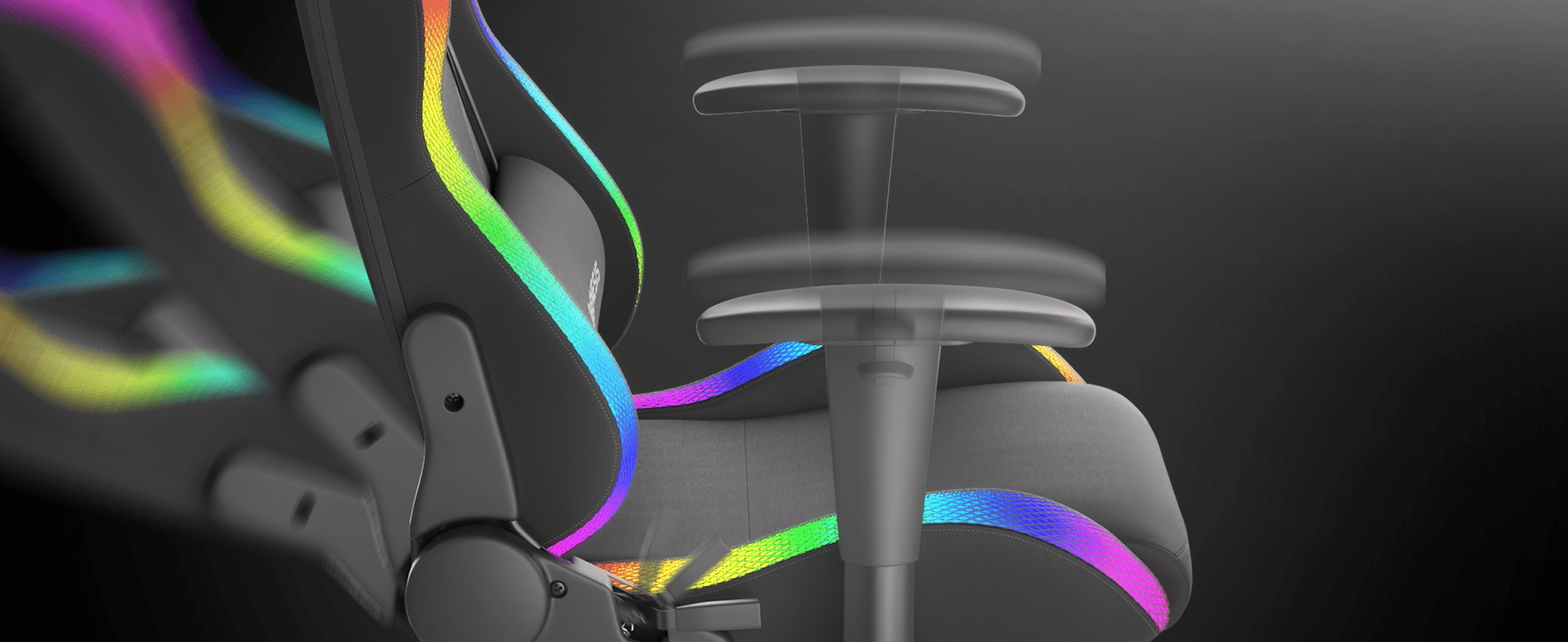 Office chair with colorful illuminated accents along the sides and adjustable armrests.