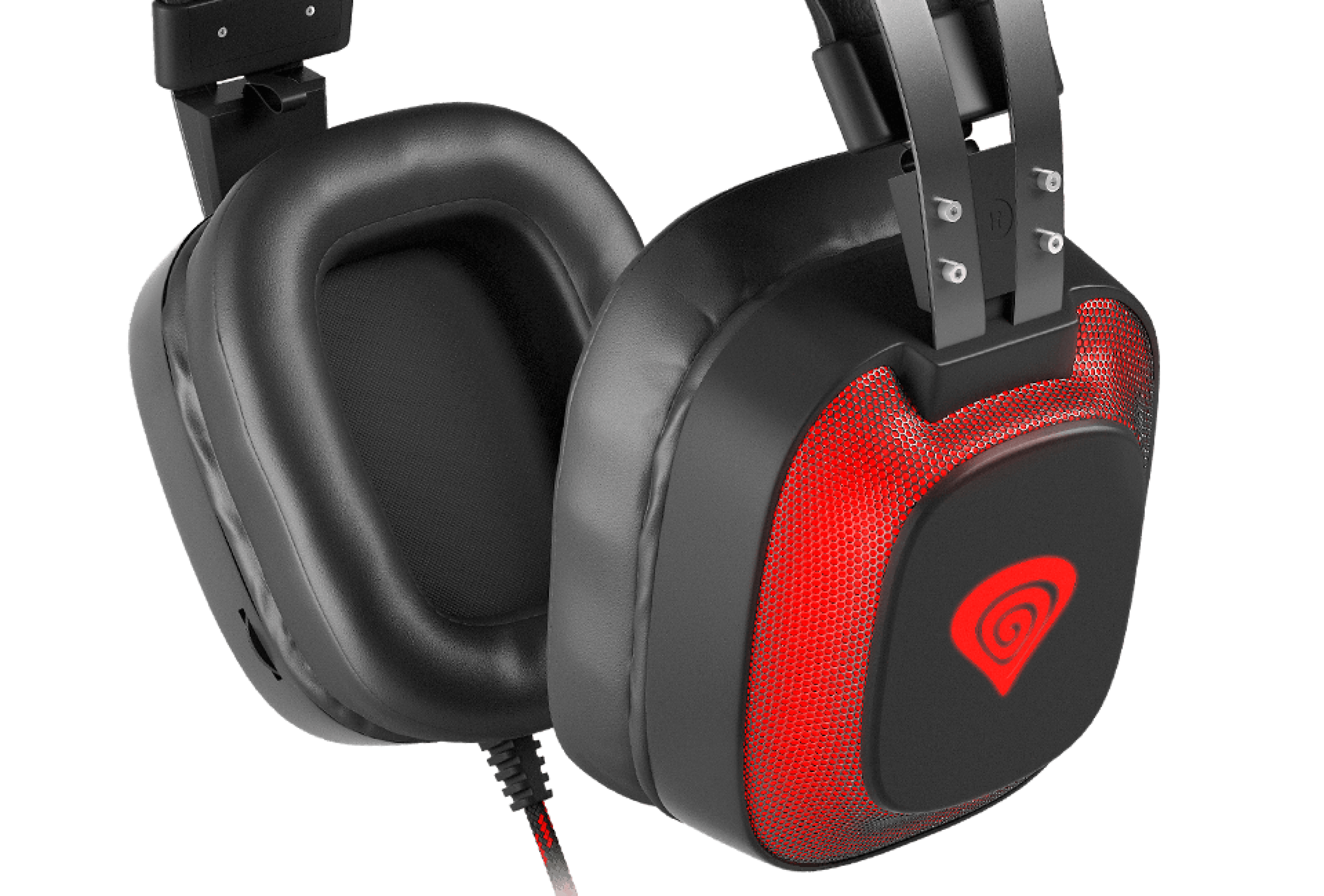 Black and red Genesis Radon 720 7.1 surround sound over-ear headphones with a microphone and USB connection
