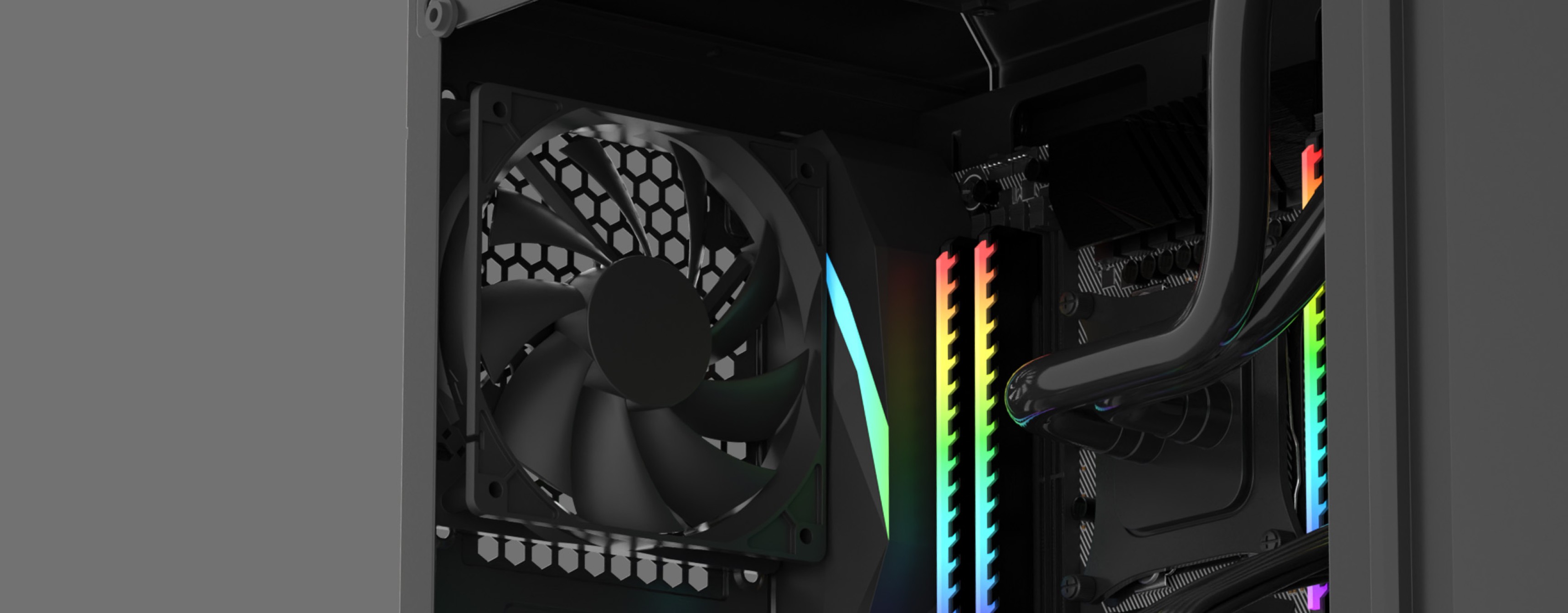 Black Genesis Irid 505F MIDI tower case with a window and RGB lighting, showcasing internal components and a cooling fan