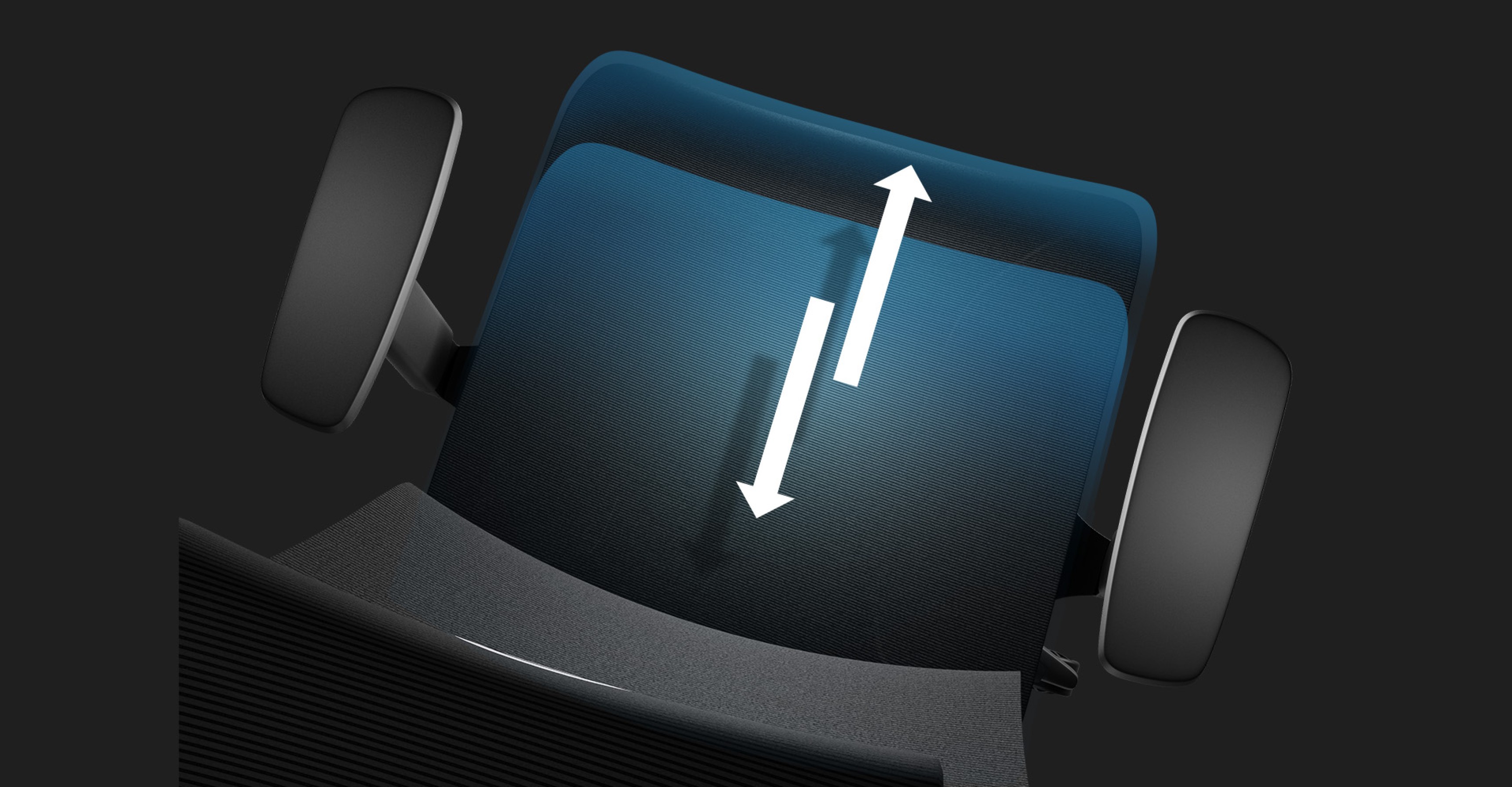 Black ergonomic chair with adjustable seat height, featuring arrows indicating upward and downward movement