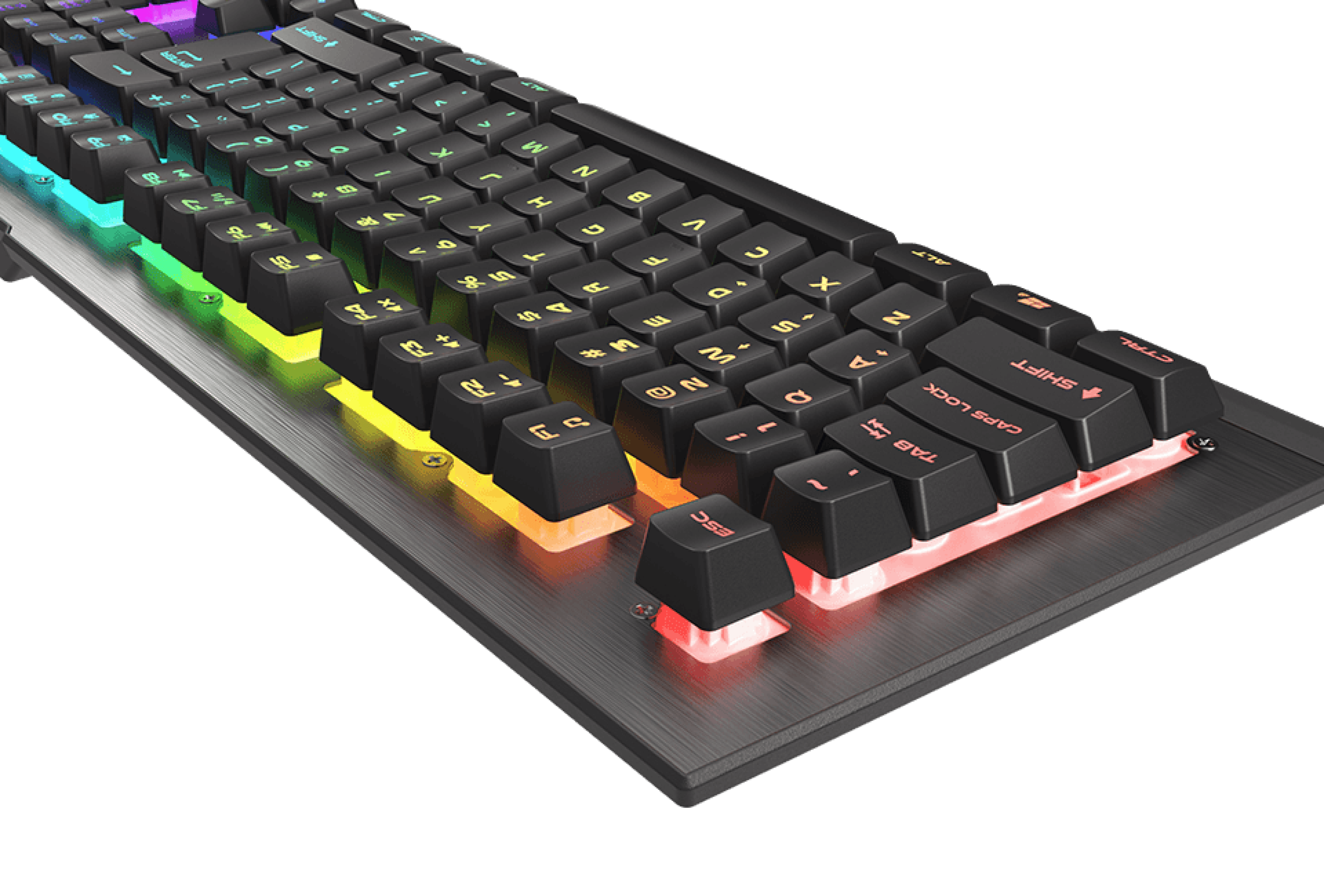 Gaming keyboard with colorful backlighting and various key shapes.