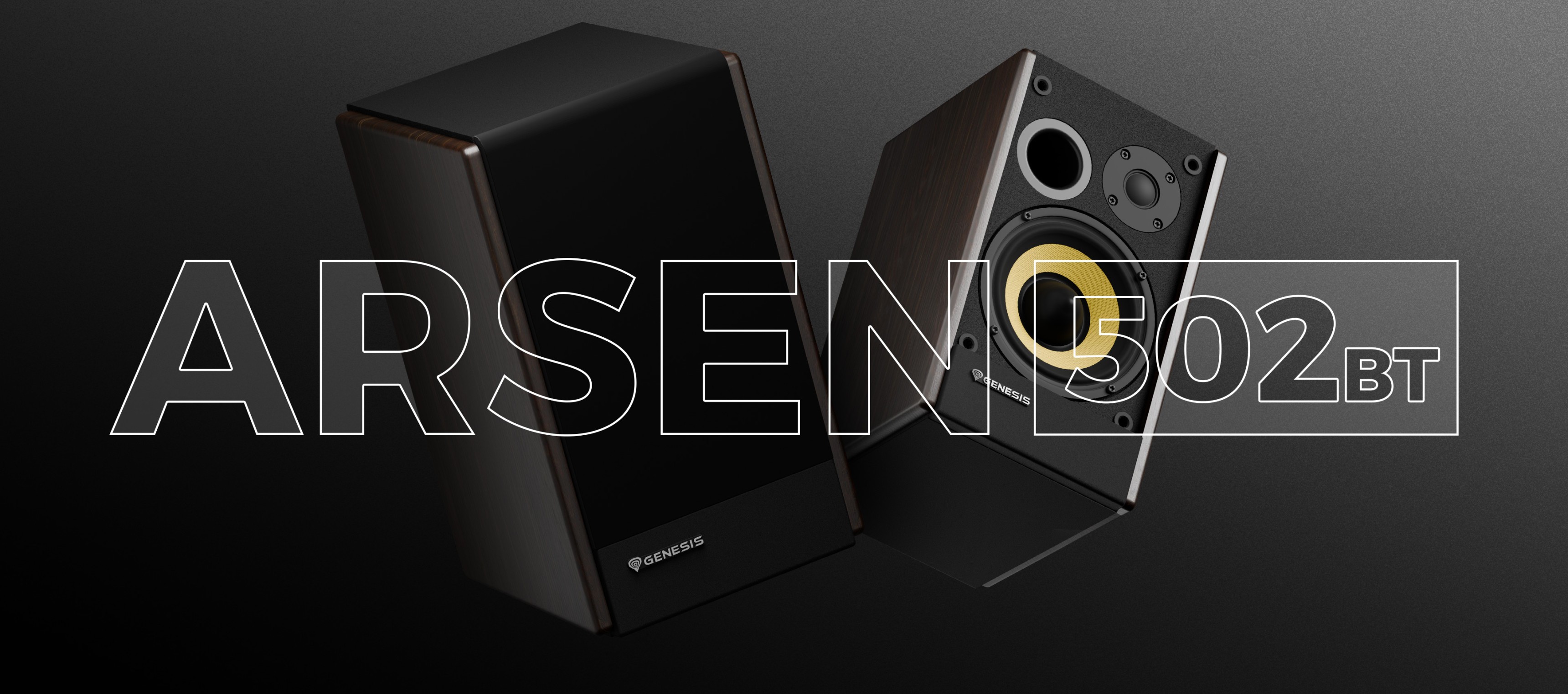 Two audio speakers with a sleek design, one featuring a visible yellow speaker cone.