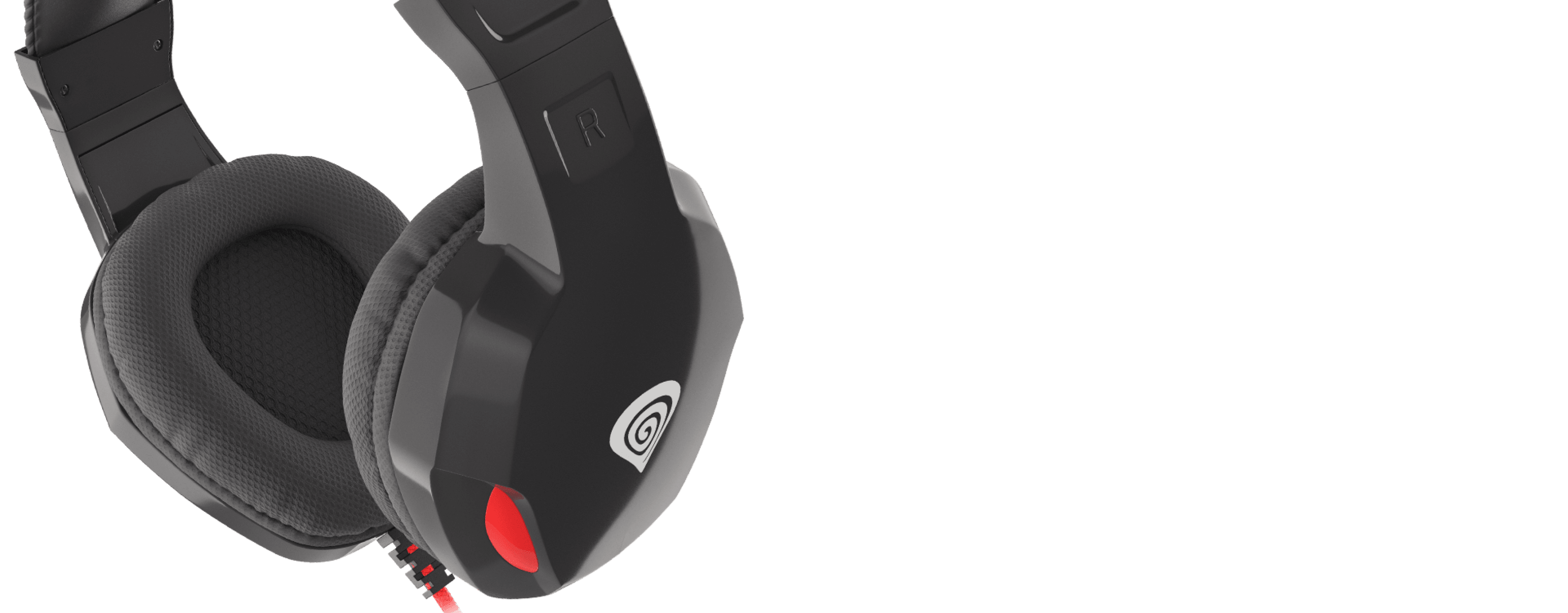 Headphones with a padded headband and large ear cups, featuring a red accent.
