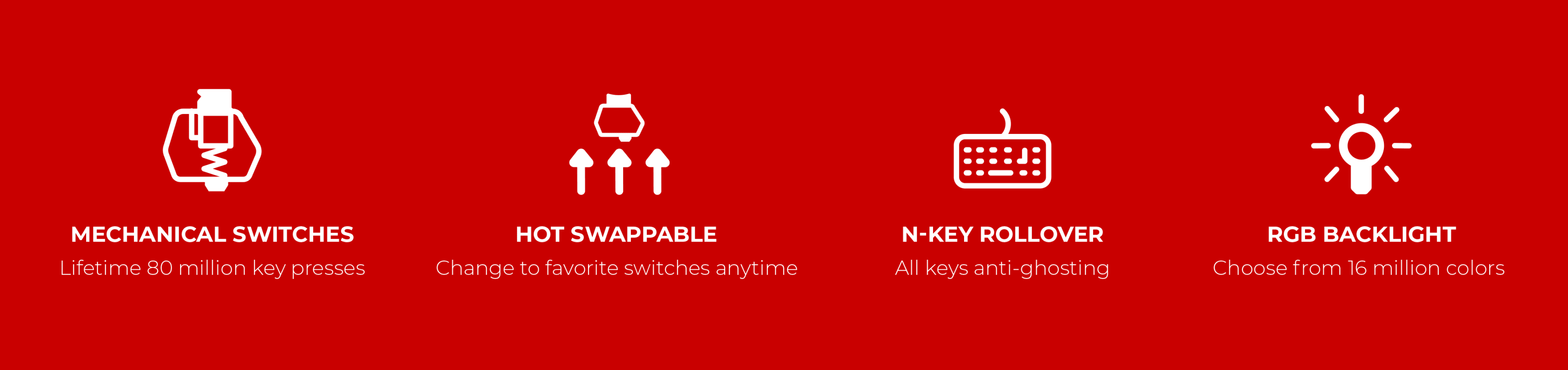 Icons on a red background showing features of a keyboard, including switches and lighting.