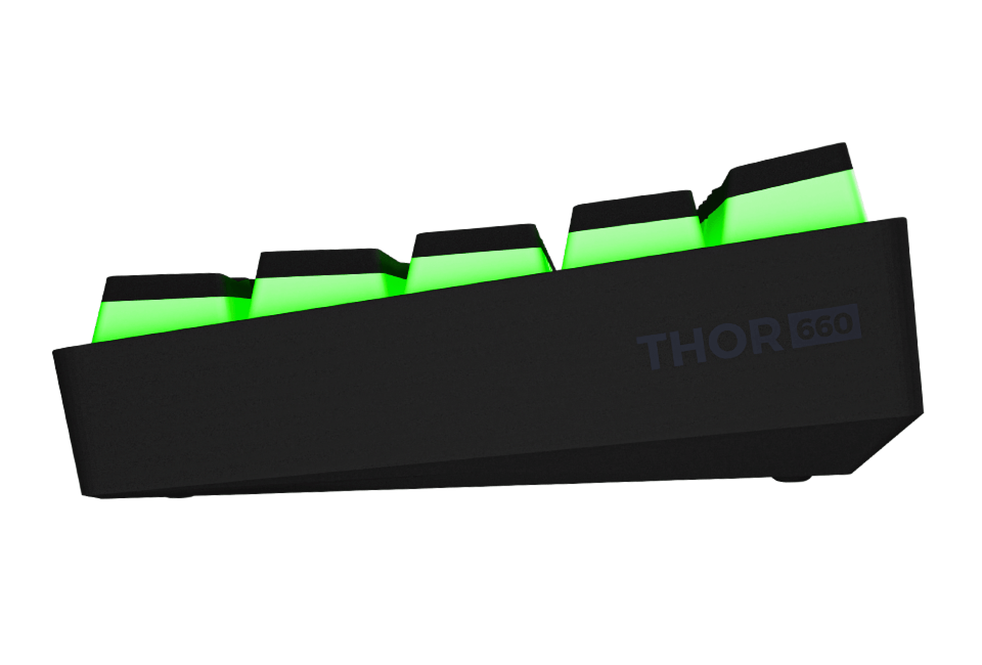 Keyboard keycaps with a sleek black base and glowing green accents on top.