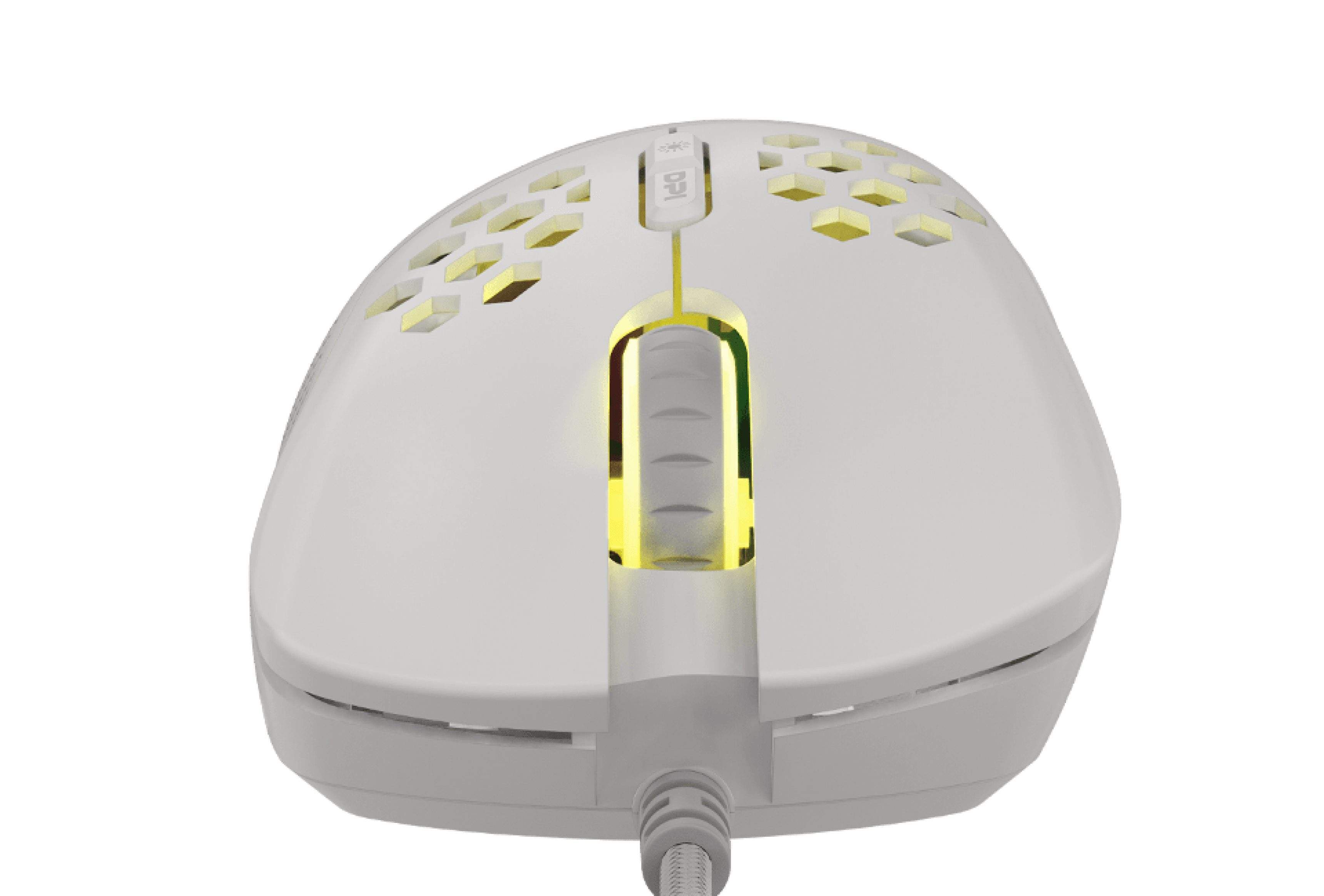 White RGB gaming mouse with programmable features, showcasing a sleek design and illuminated scroll wheel
