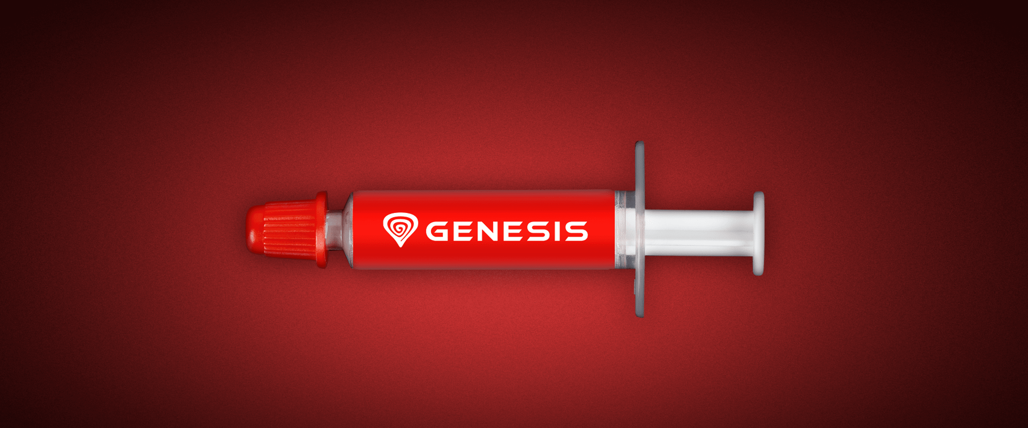Red syringe of Genesis thermal paste, with a prominent logo, placed against a dark red background