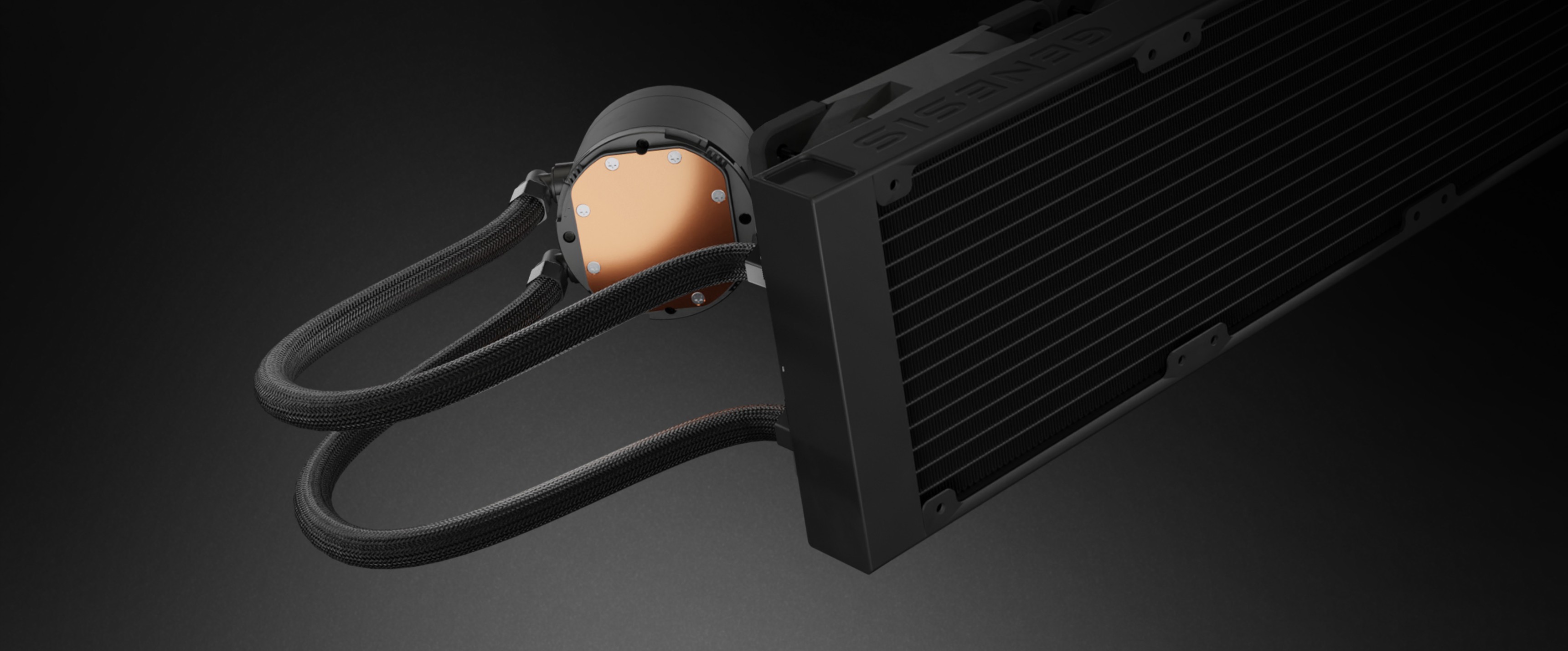 Black Genesis Hydria 360 liquid cooling system featuring a radiator and pump with dual tubing