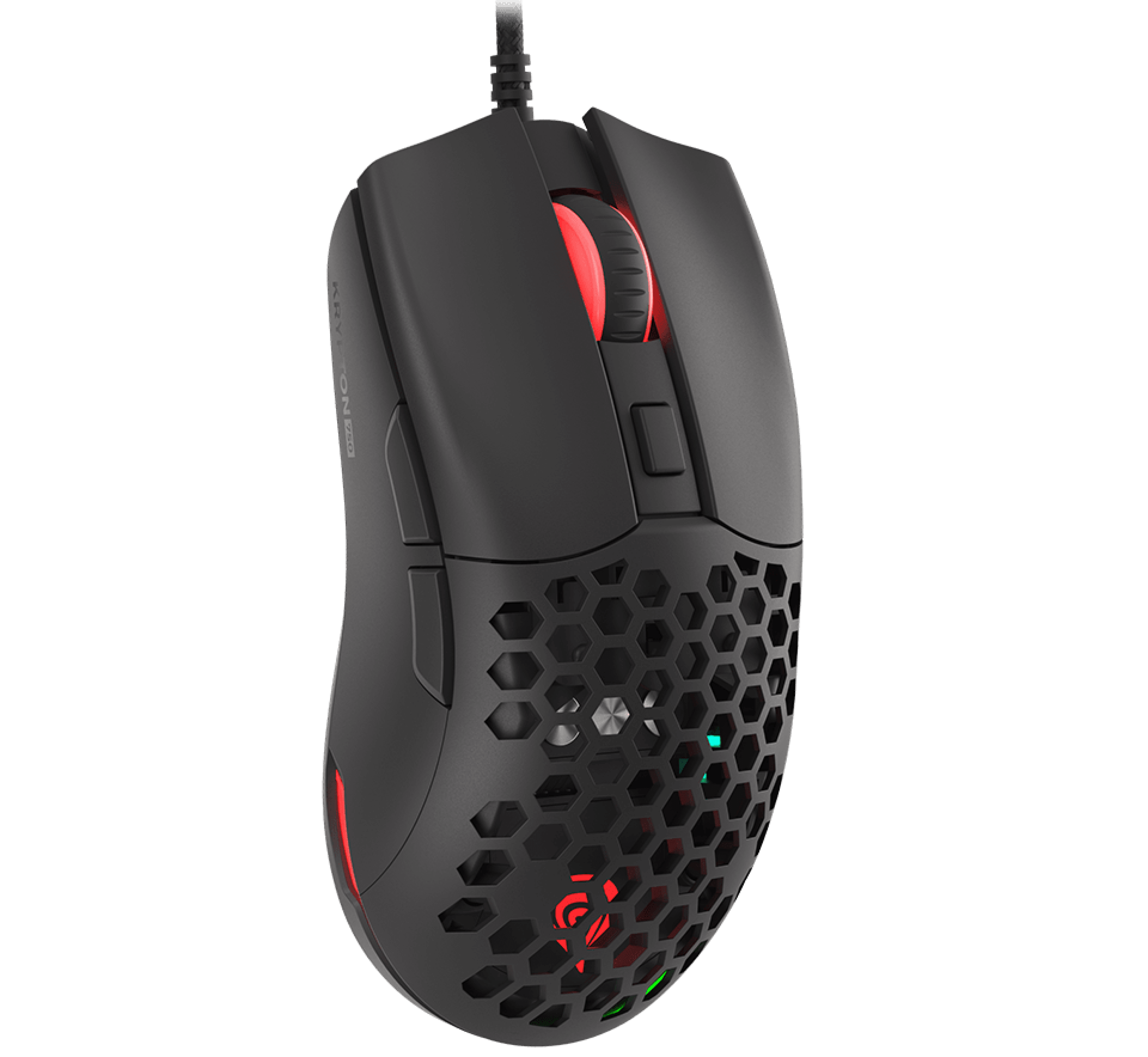 Lightweight black gaming mouse with RGB lighting, 8000 DPI, and a honeycomb design for ventilation