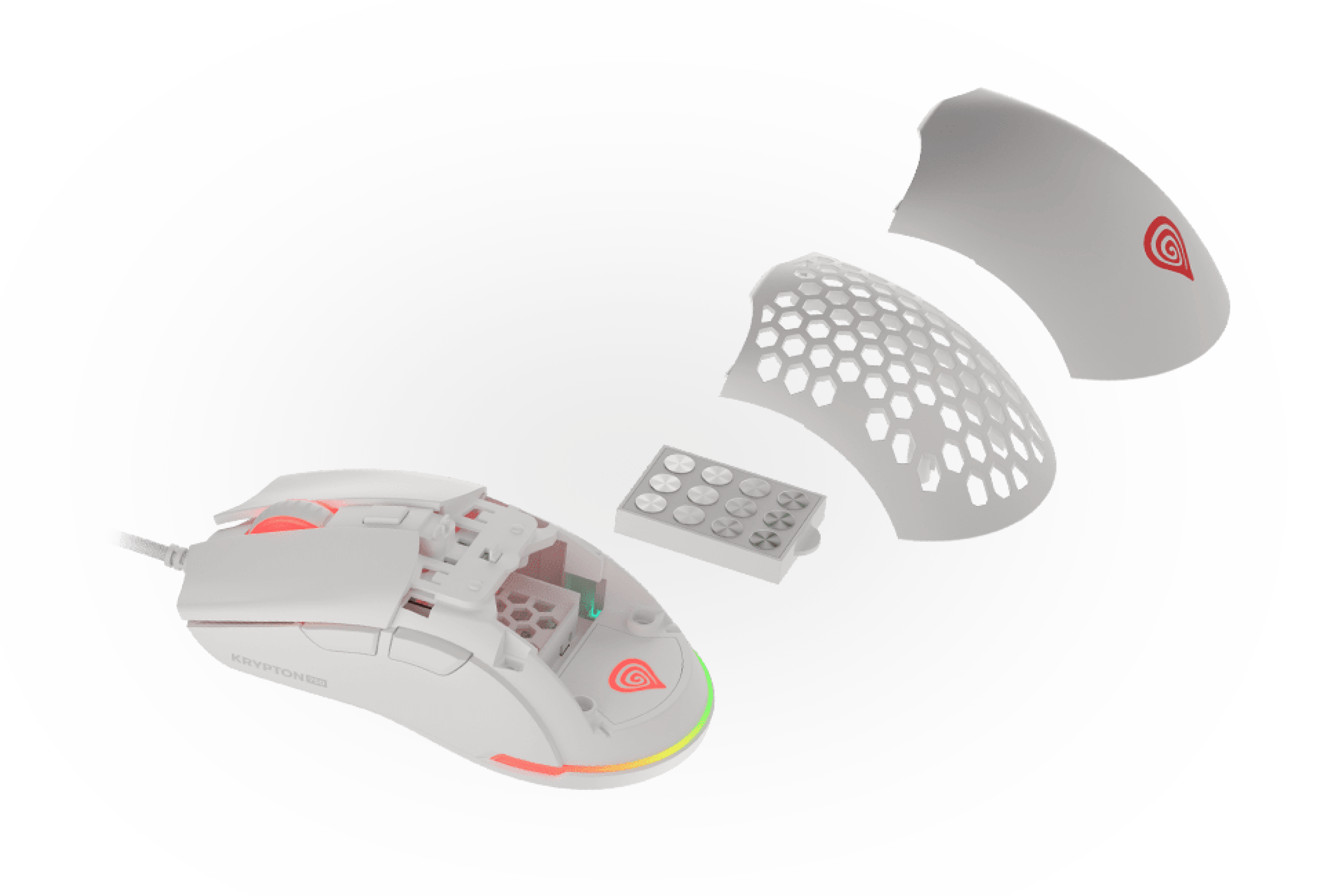 White RGB gaming mouse Genesis Krypton 750 with detachable top covers and customizable inner components. Features 8000 DPI