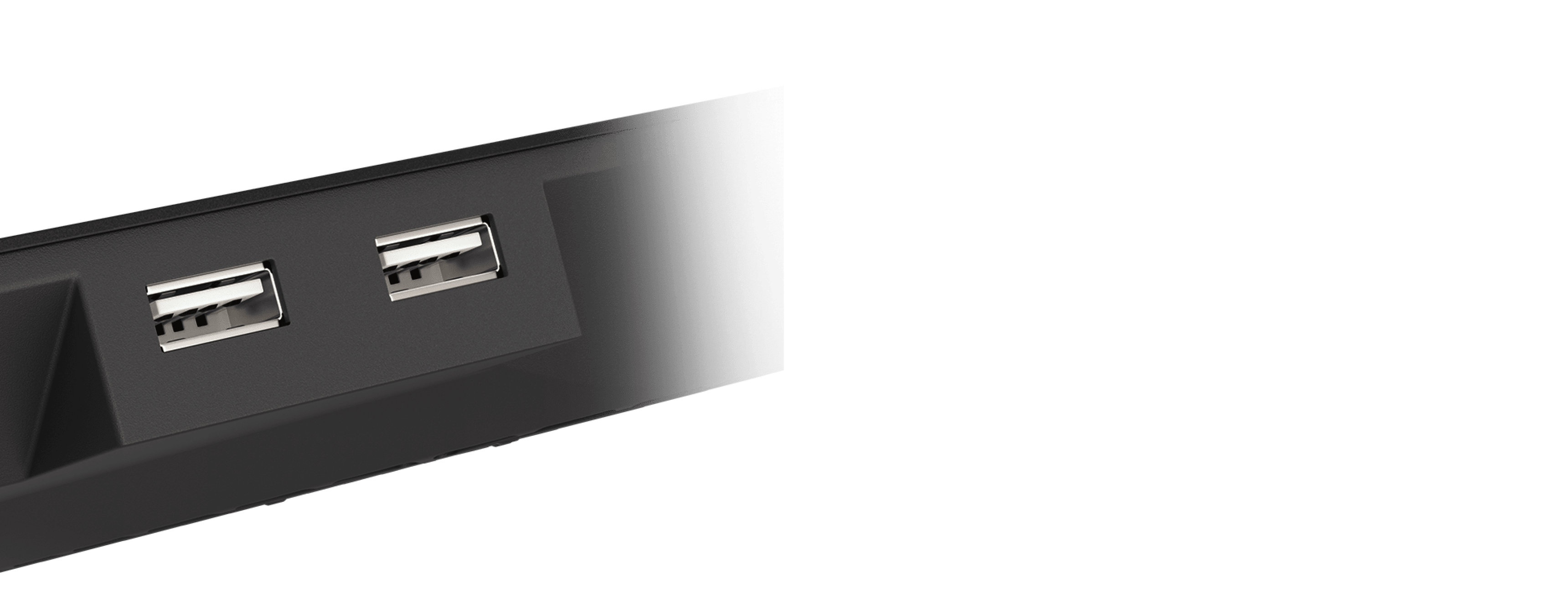 Close-up view of the USB ports on the Genesis OXID 450 RGB laptop cooling pad. Features dual USB connections