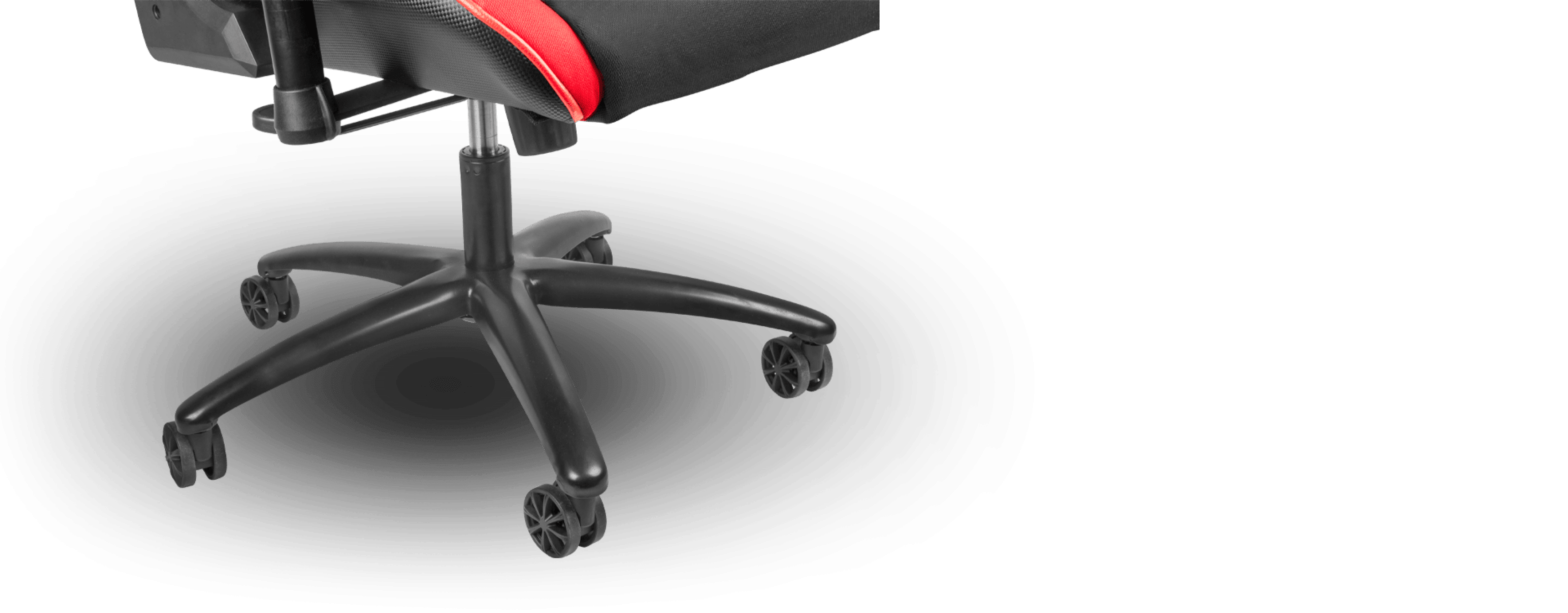 Black and red gaming chair base with a five-point caster wheel design