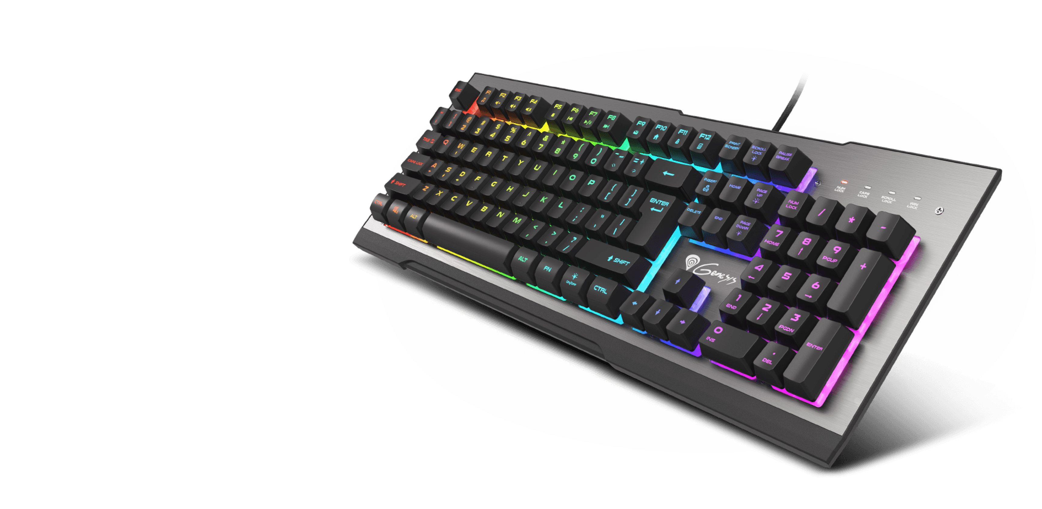Keyboard with colorful backlighting and mechanical keys arranged in a sleek layout.