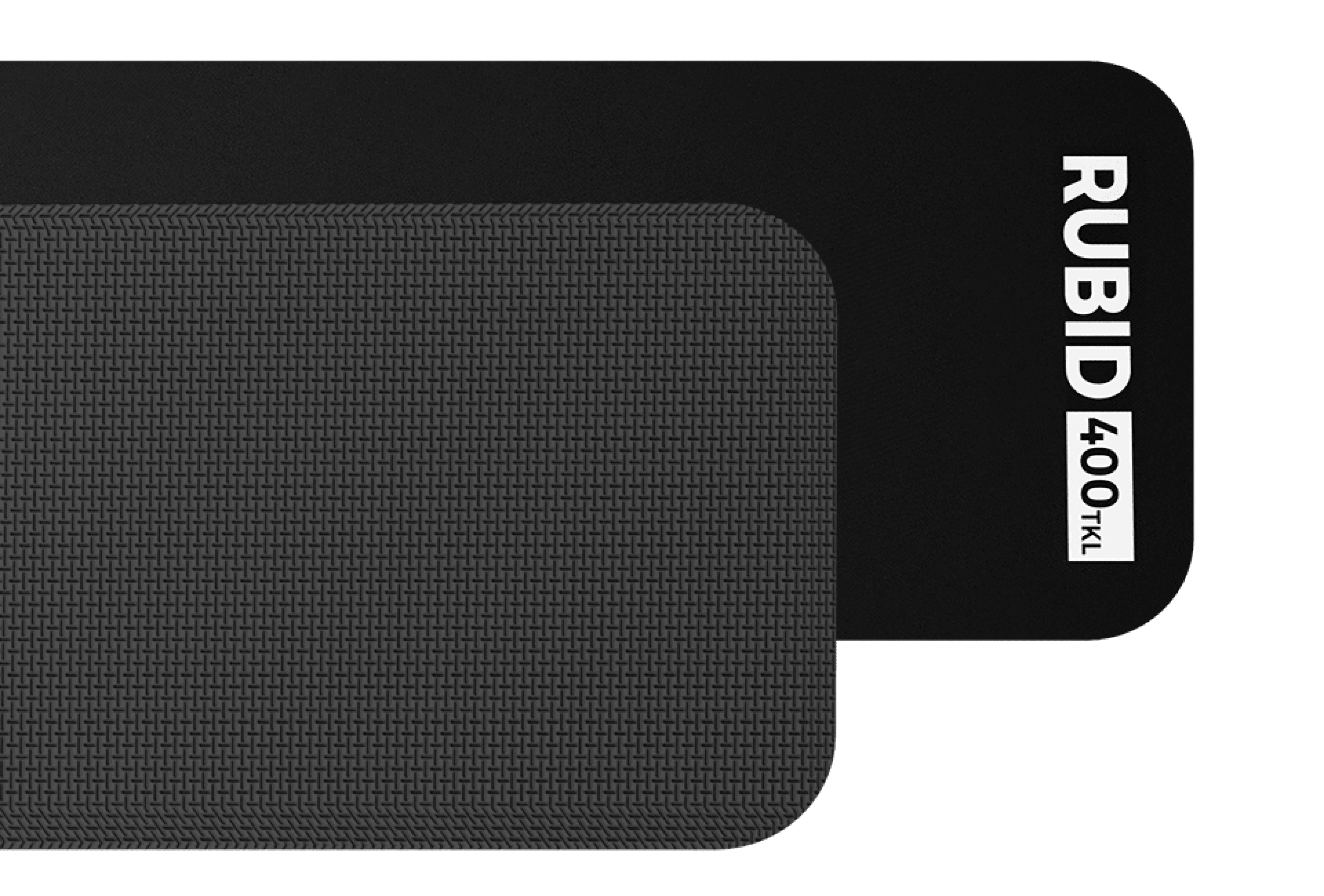 Black wrist rest with a textured surface and a smooth edge, labeled "RUBID 400 TKL," measuring 360x95x15mm