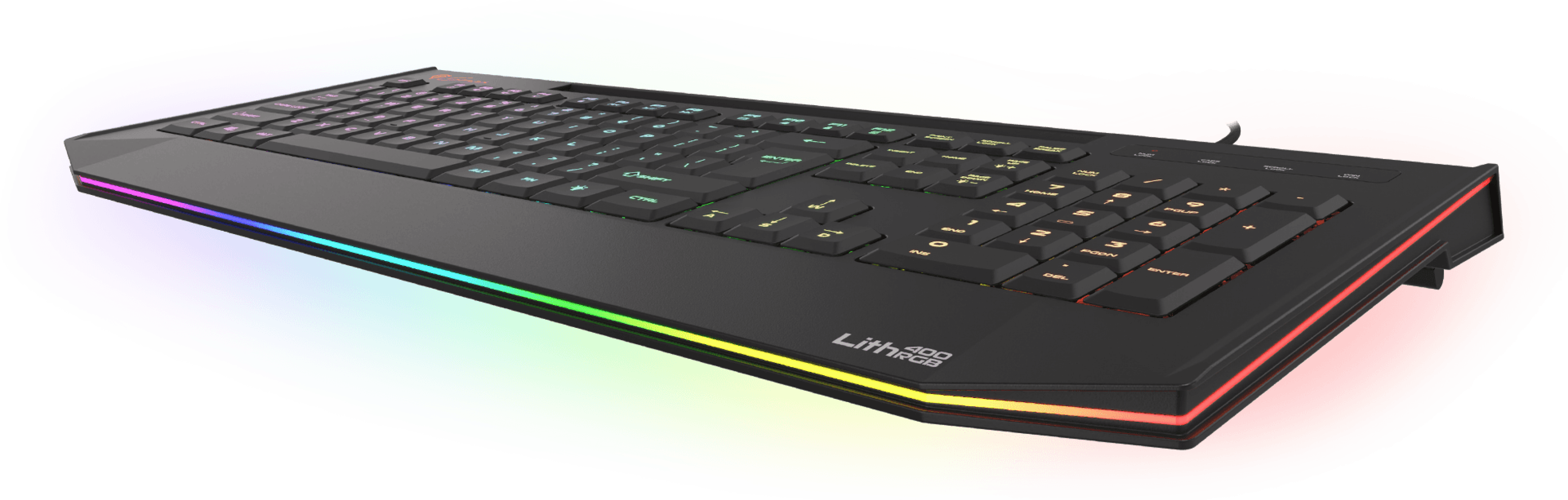 Slim gaming keyboard with RGB lighting, featuring X-scissor technology and a sleek design. Backlit keys provide a colorful aesthetic