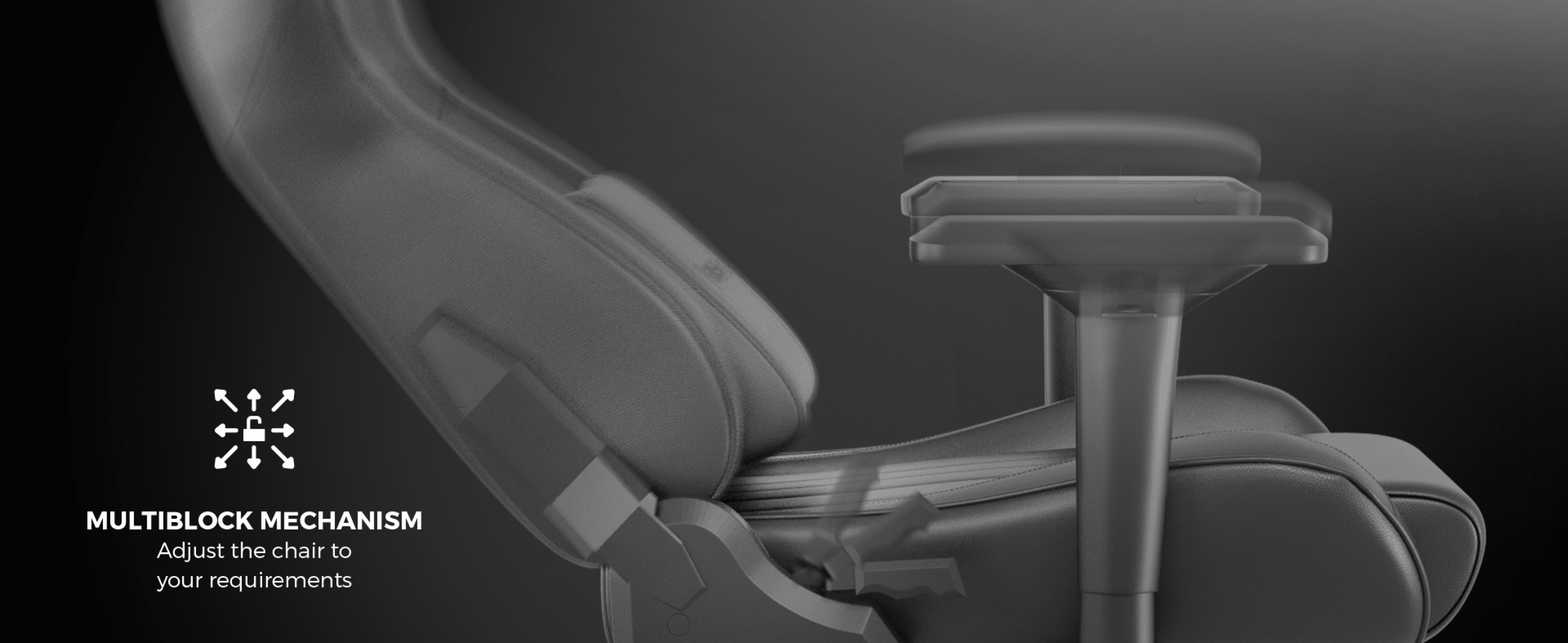 Close-up view of the Genesis Nitro 950 gaming chair showcasing the multiblock adjustment mechanism and armrest design