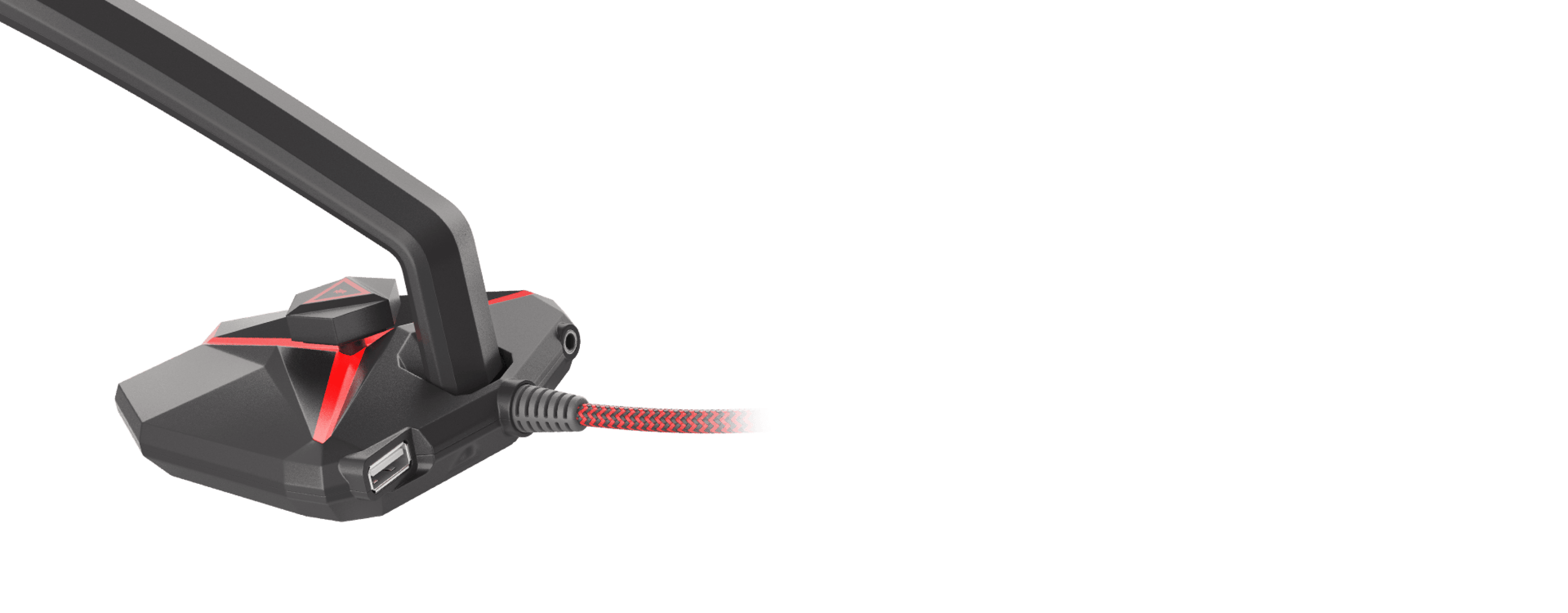 Black and red Genesis Radium 200 microphone with a flexible arm and USB connector
