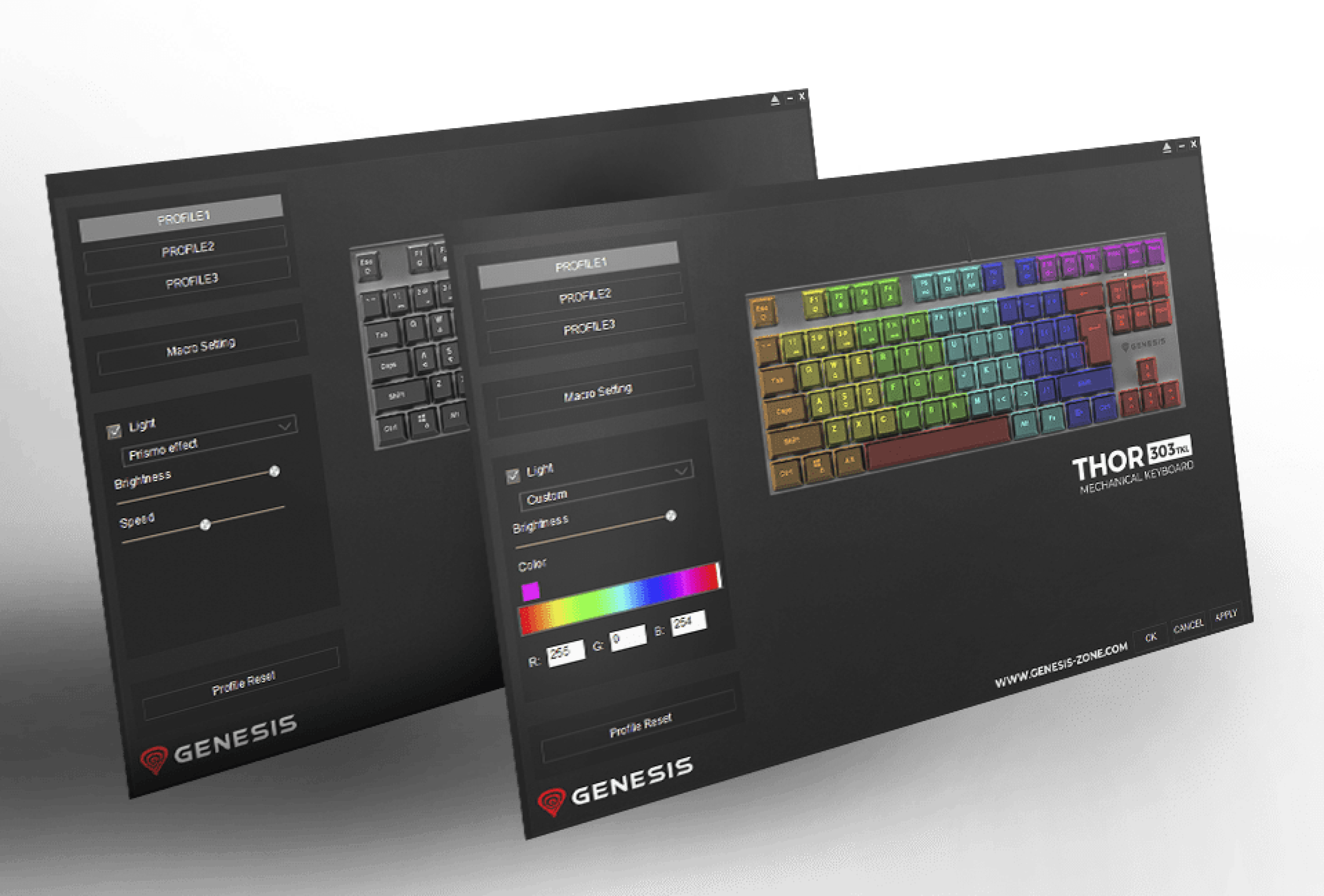 Images displaying the Genesis Thor 303 TKL mechanical gaming keyboard with RGB lighting options and customization settings on the screen