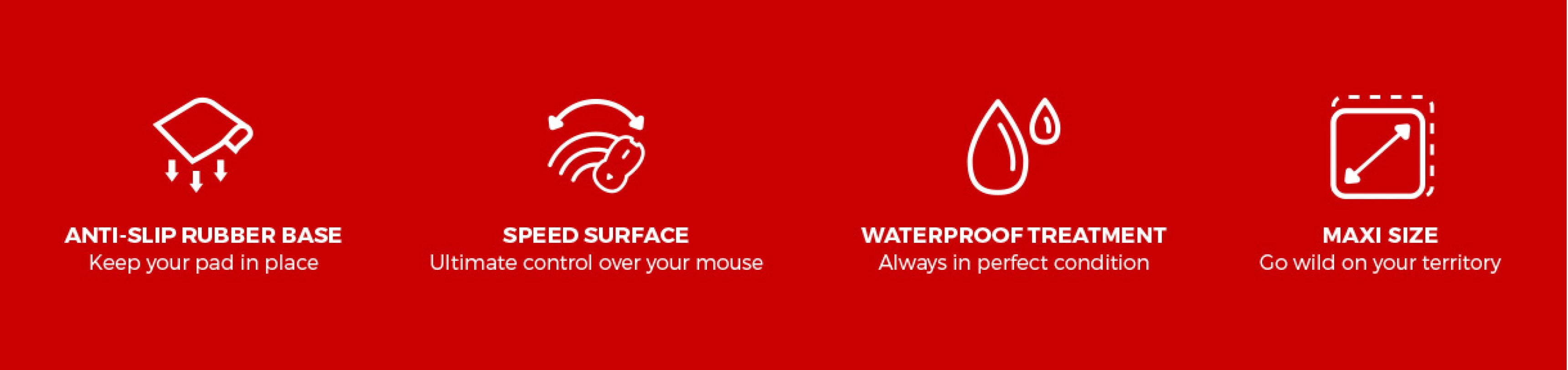 Large gaming mouse pad with a textured surface, anti-slip rubber base, waterproof treatment, and highlighted features in icons