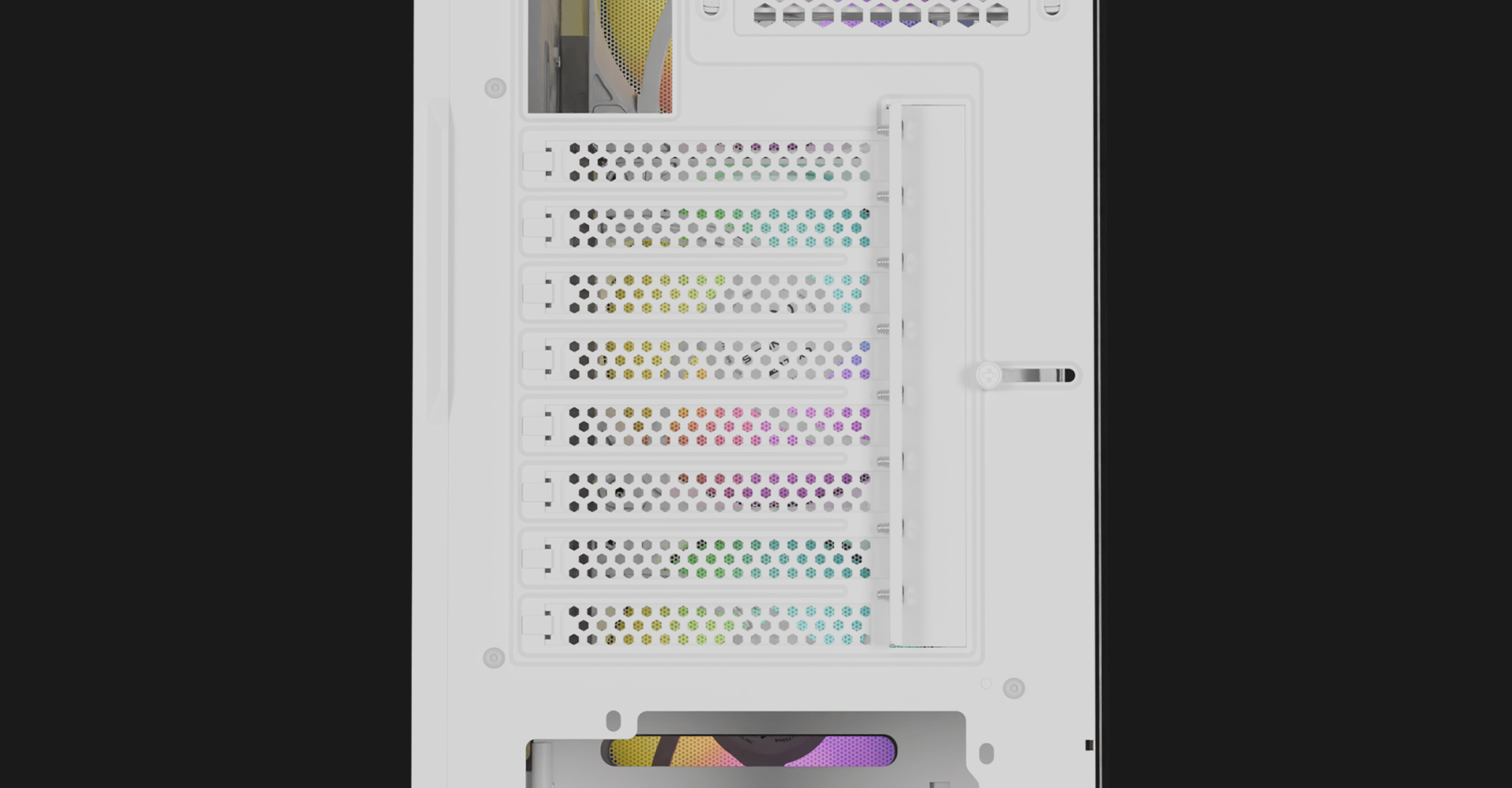 White MIDI tower PC case with an acrylic side panel and ARGB features, showcasing multiple ventilation slots