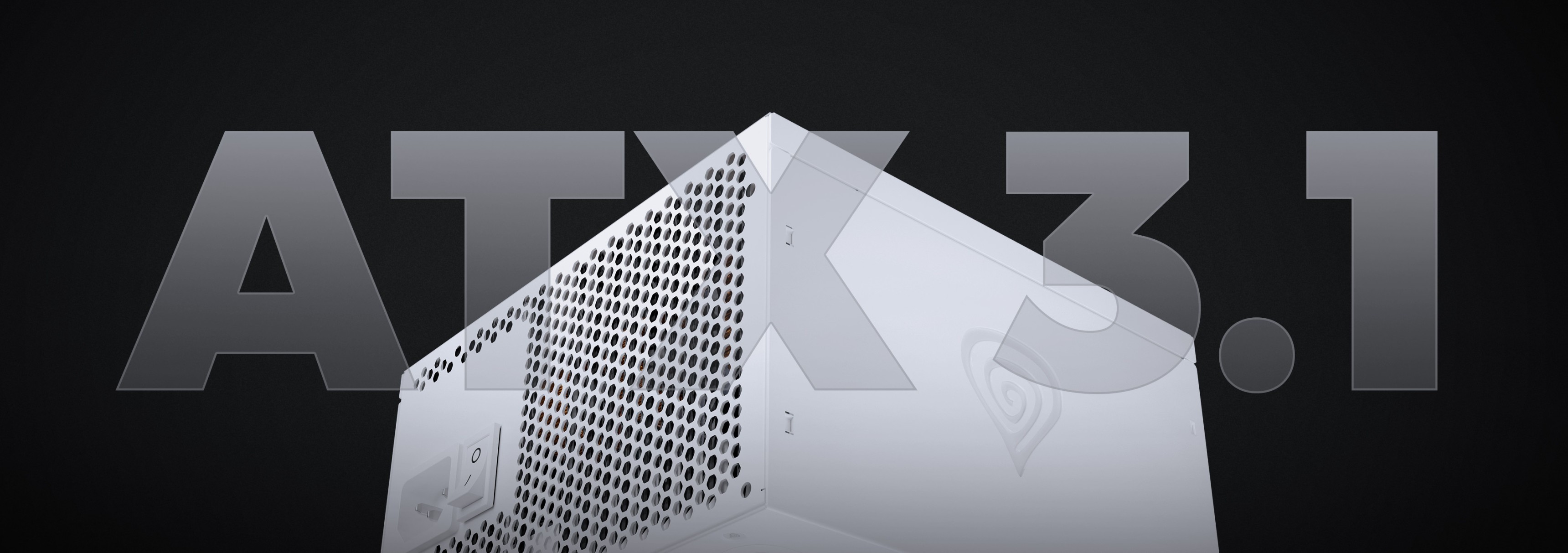 Computer case with ventilation holes and a sleek white design on a dark background.
