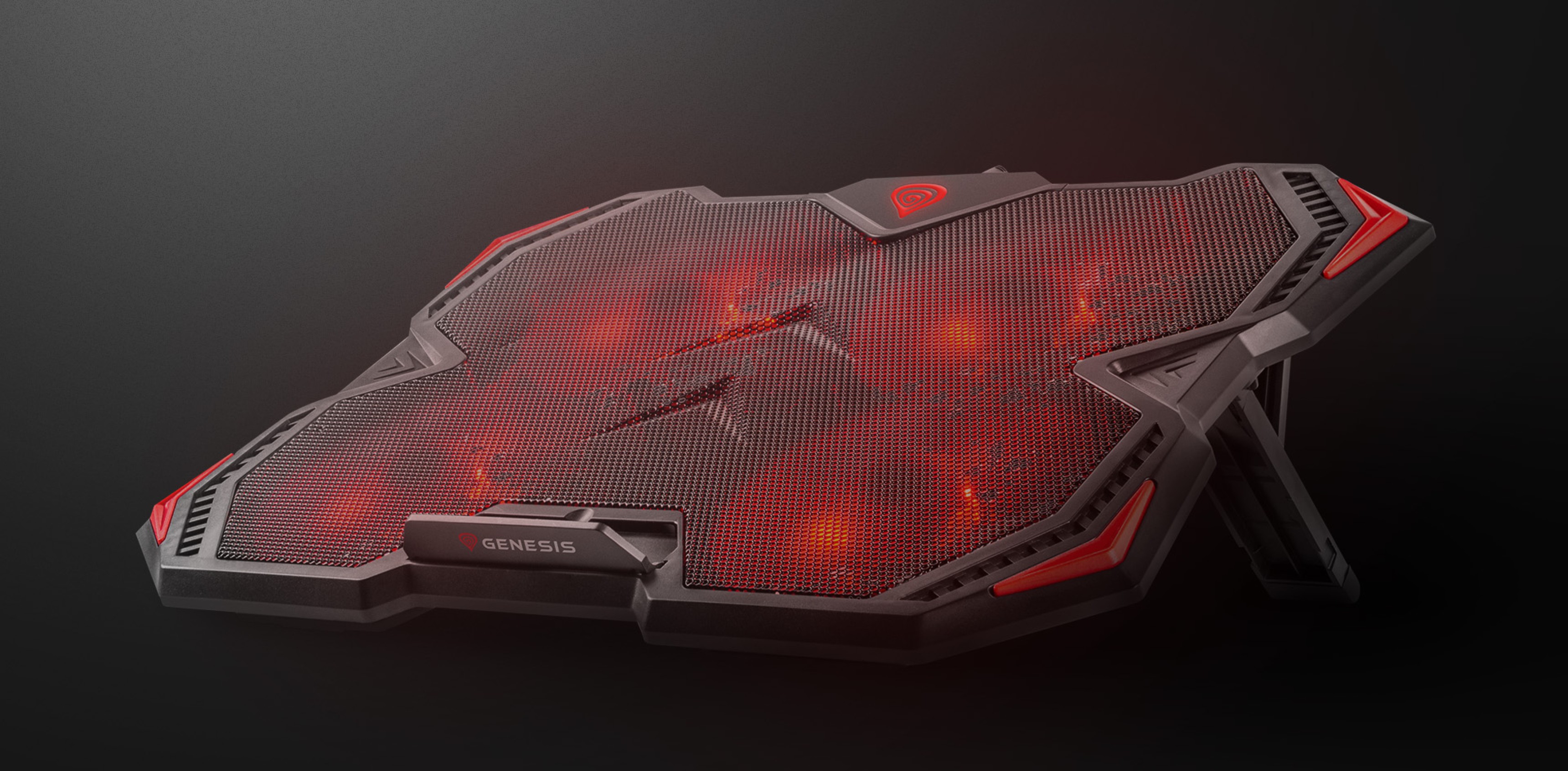 Cooling pad with a mesh surface and glowing red lights for laptop ventilation.