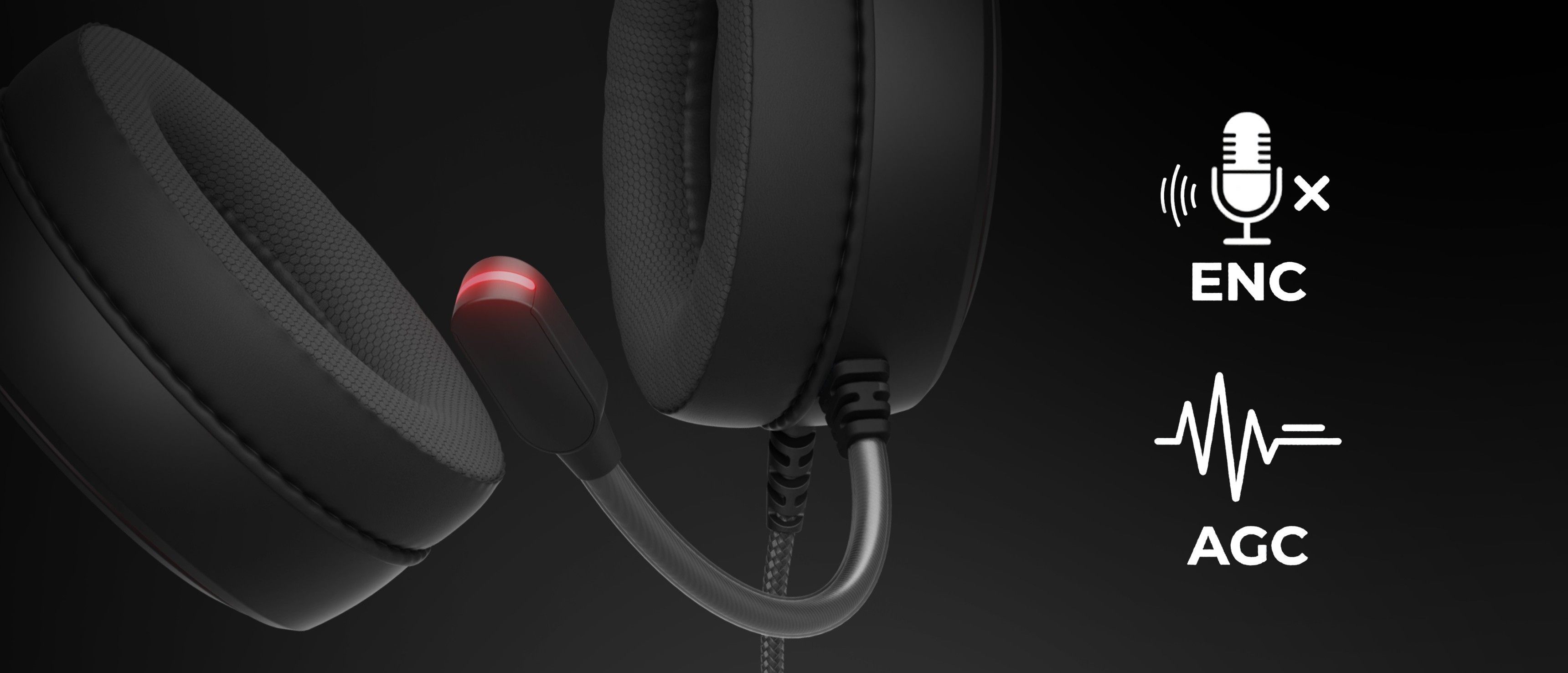 Headphones with padded ear cups and a flexible microphone with a glowing indicator light.