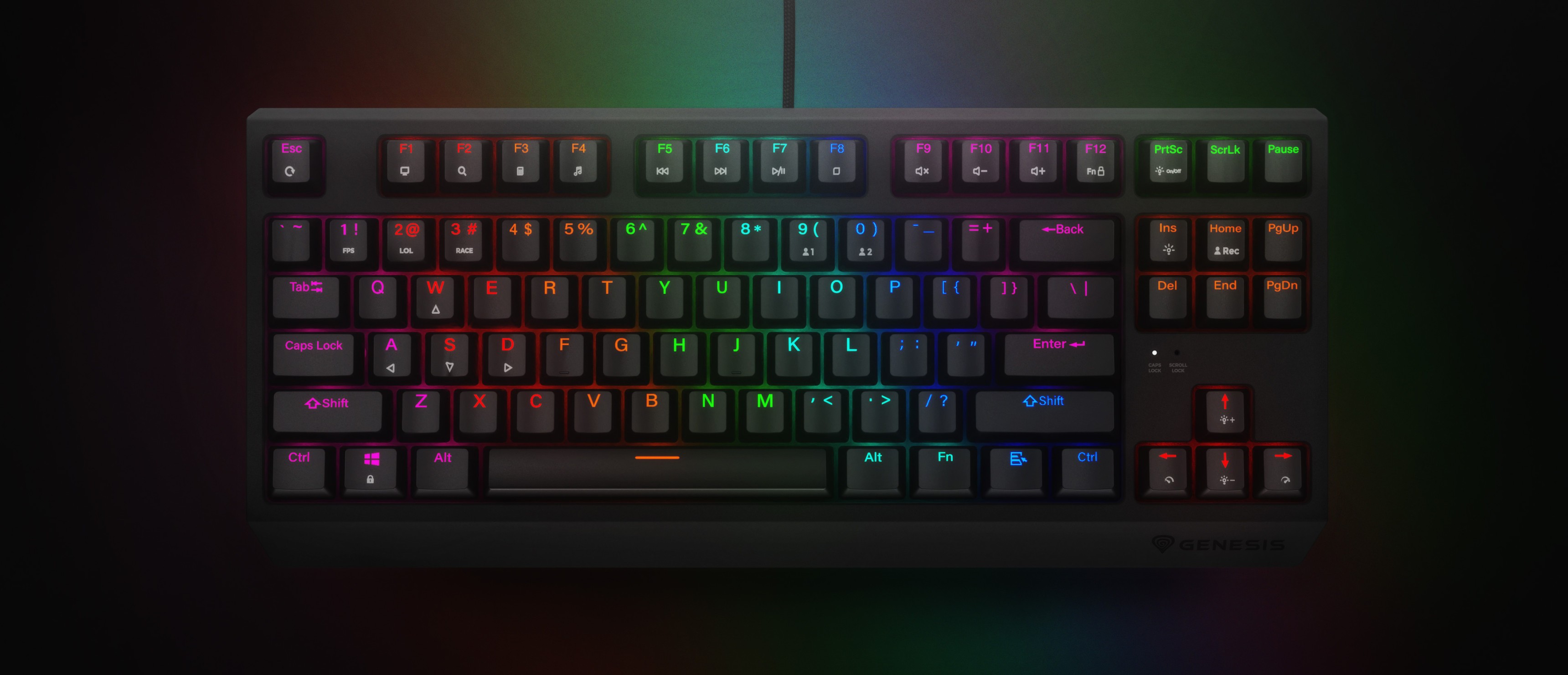Gaming keyboard with a compact TKL design, featuring rainbow backlighting and Outemu Red switches. Hot-swappable keys for customization
