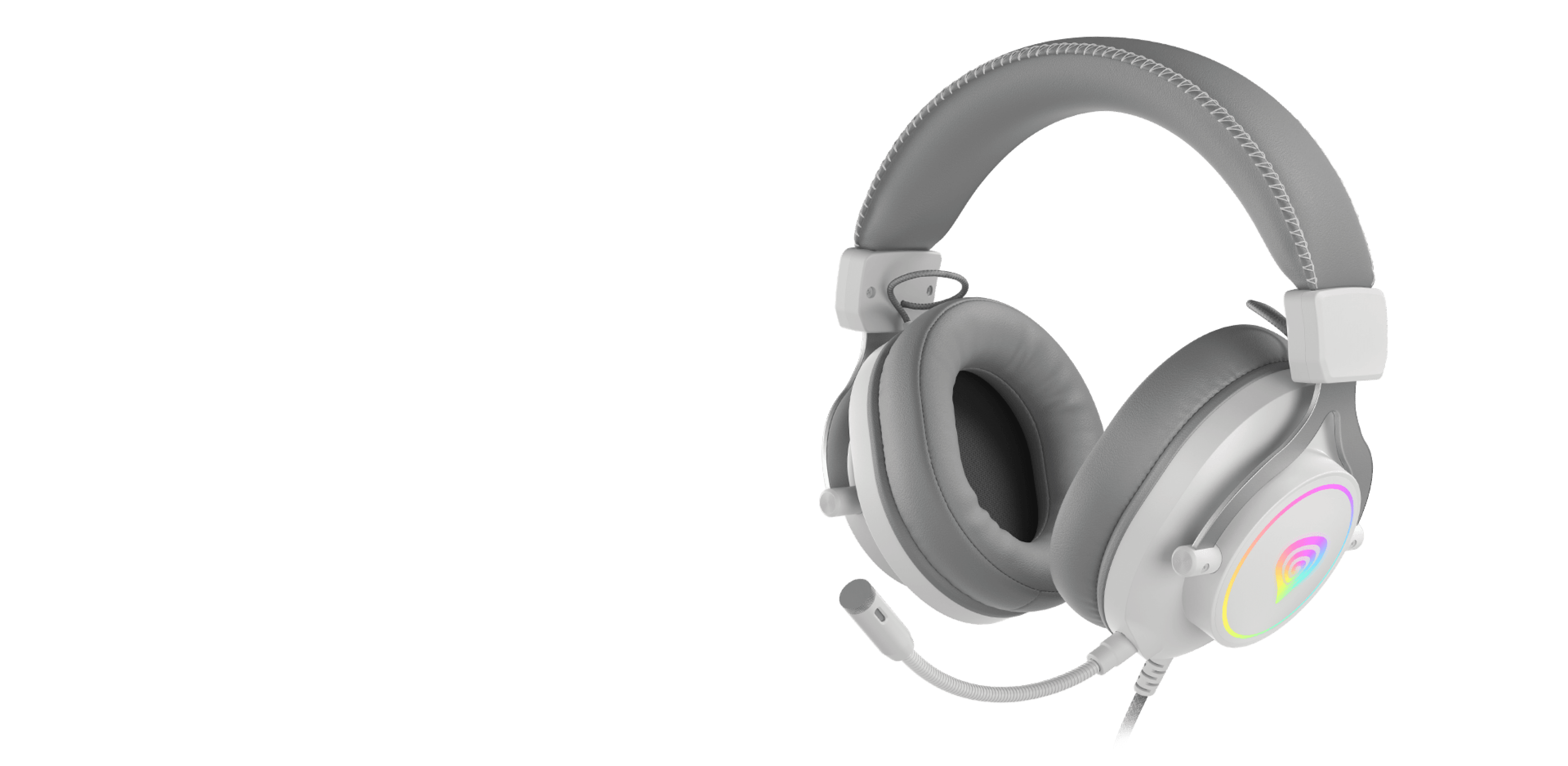 Headset with a gray design, cushioned ear pads, and a colored glowing logo.