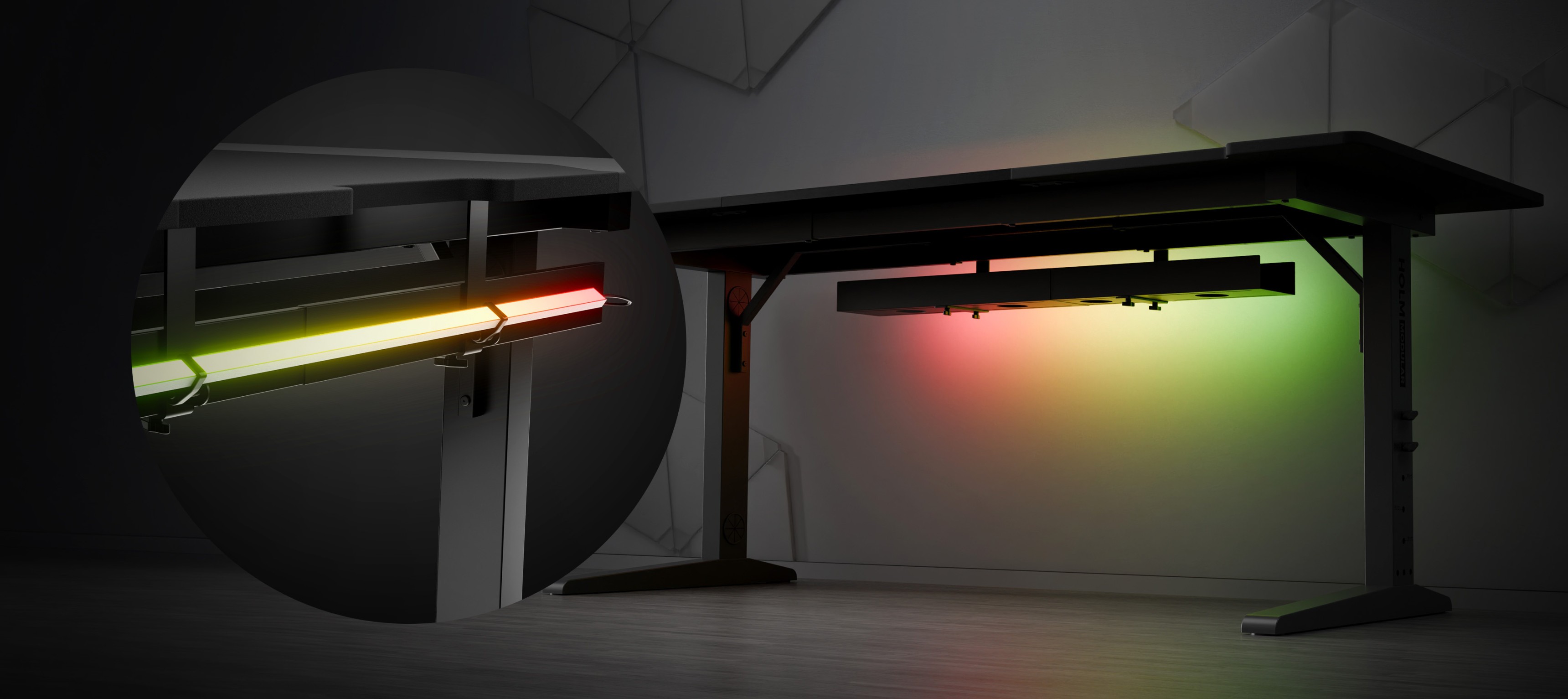 Modular gaming desk with a sleek design, featuring customizable RGB lighting underneath for an enhanced gaming experience