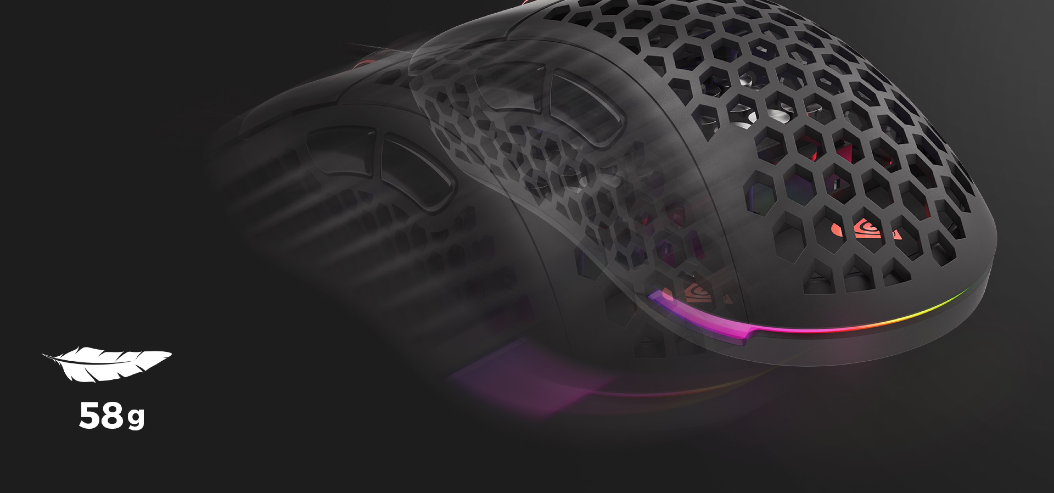 Lightweight black gaming mouse with honeycomb design, RGB lighting, and 16,000 DPI sensor. Weighs 58g