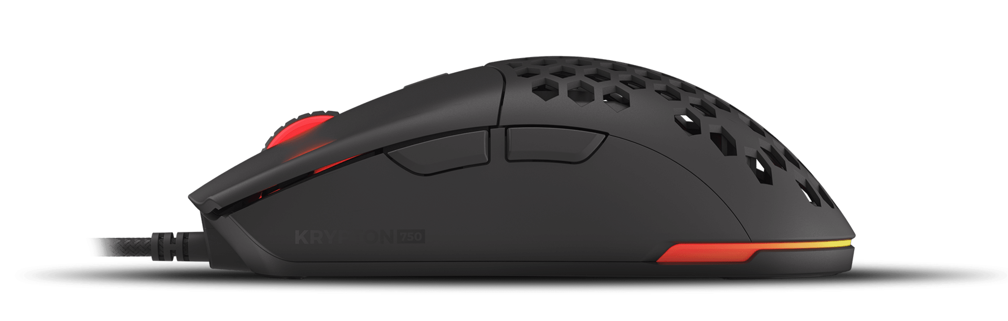 Lightweight black gaming mouse with RGB lighting, featuring DPI settings up to 8000 and a honeycomb design for airflow